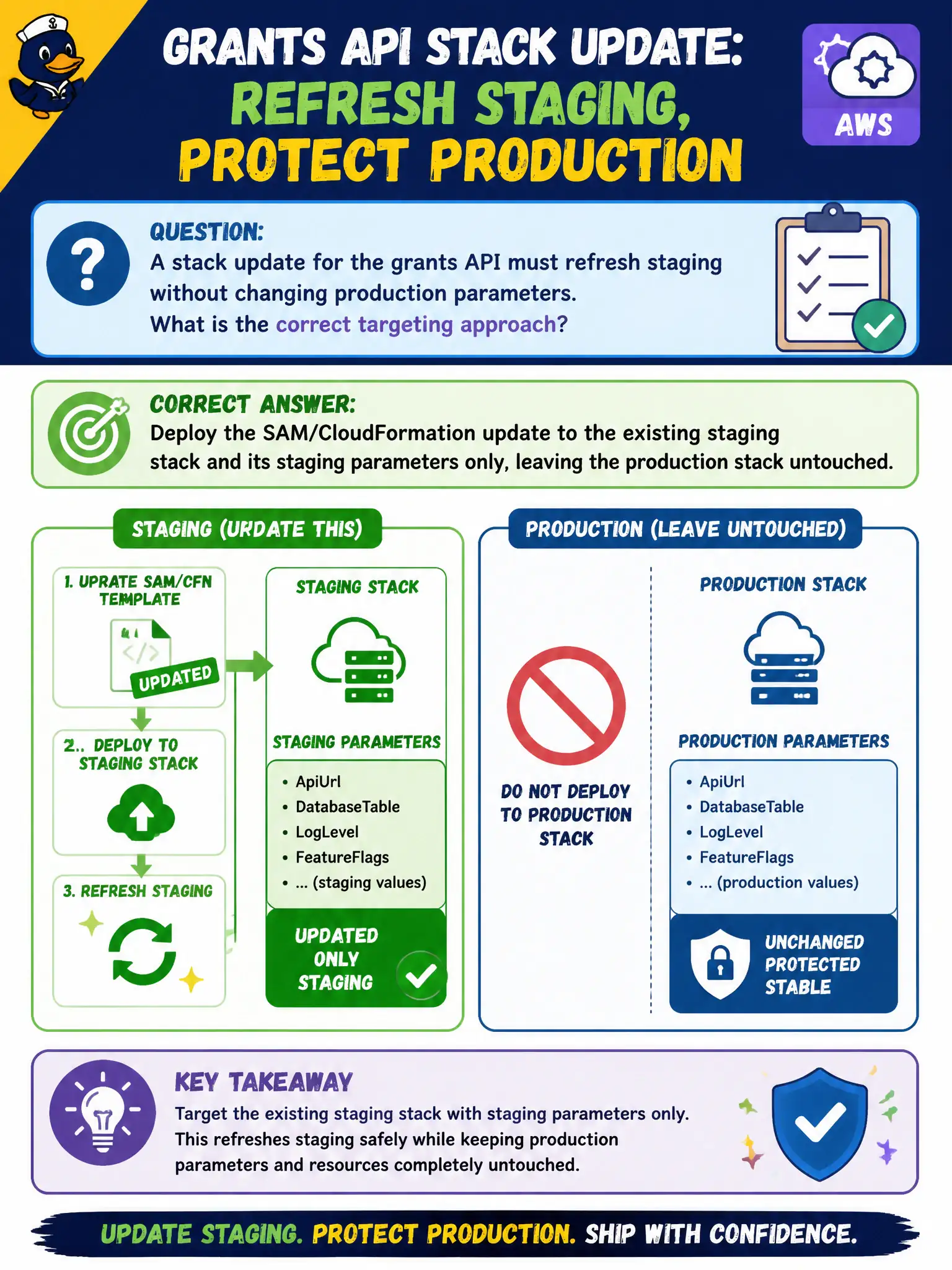 To Create an exciting colorful infographic that explains the concepts in the question: Question: A stack update for the grants API must refresh staging without changing production parameters. What is the correct targeting approach? Correct Answer: Deploy the SAM/CloudFormation update to the existing staging stack and its staging parameters only, leaving the production stack untouched. Put EVERY visible label in double quotes. No people. No A/B/C/D letters. In one of the four corners put a little "Navy Duck".