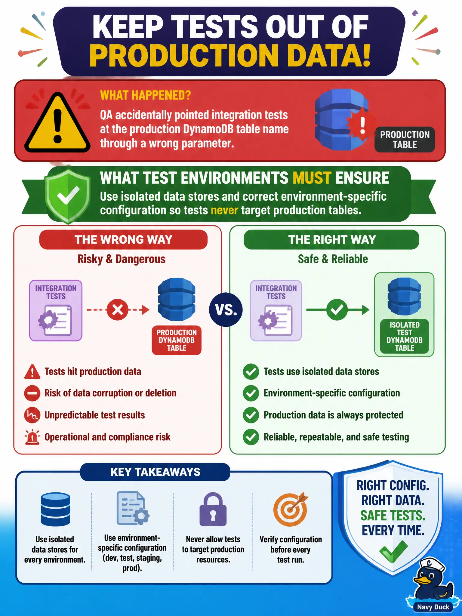 To Create an exciting colorful infographic that explains the concepts in the question: Question: QA accidentally pointed integration tests at the production DynamoDB table name through a wrong parameter. What must test environments ensure? Correct Answer: Use isolated data stores and correct environment-specific configuration so tests never target production tables. Put EVERY visible label in double quotes. No people. No A/B/C/D letters. In one of the four corners put a little "Navy Duck".