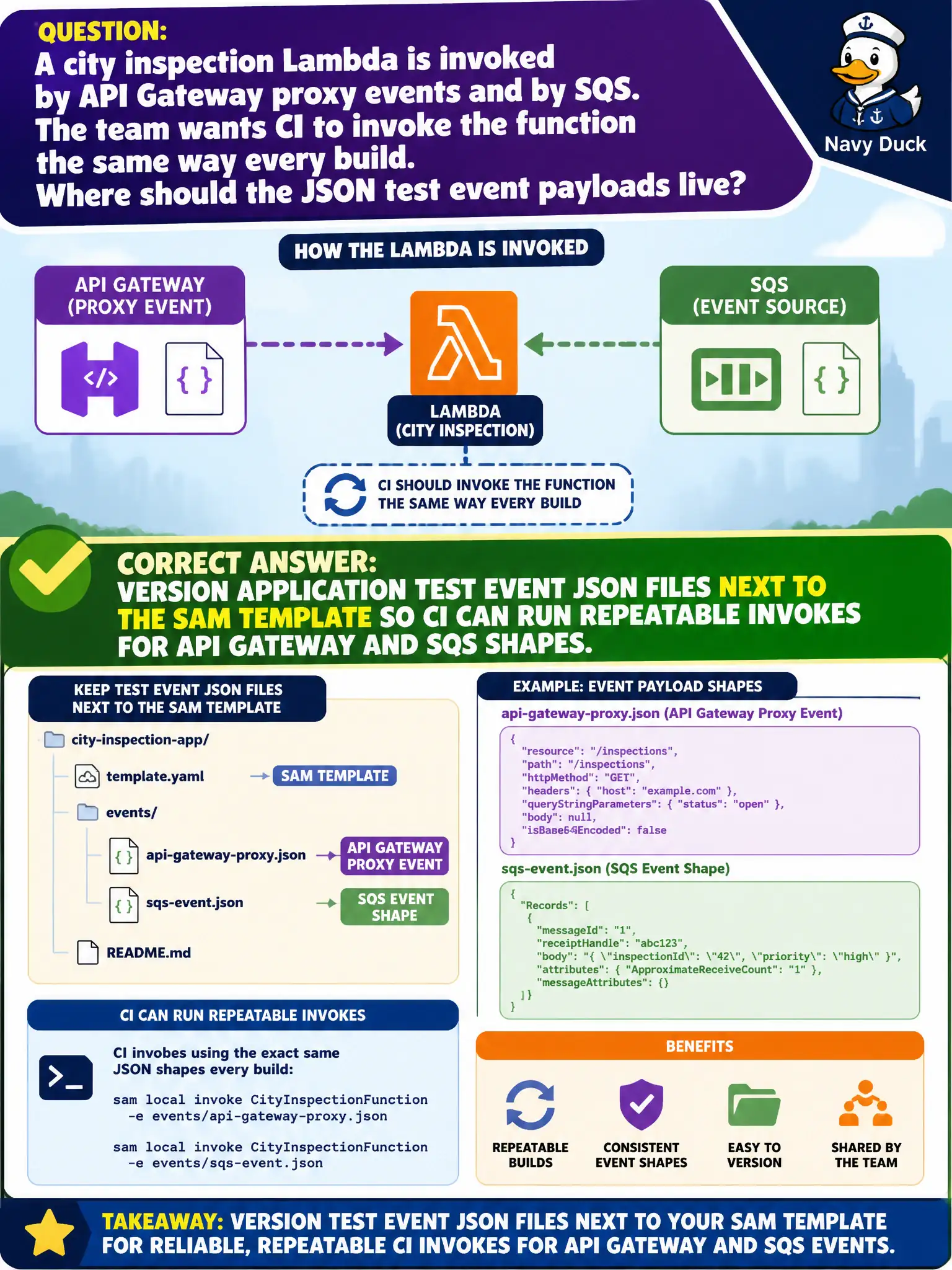 To Create an exciting colorful infographic that explains the concepts in the question: Question: A city inspection Lambda is invoked by API Gateway proxy events and by SQS. The team wants CI to invoke the function the same way every build. Where should the JSON test event payloads live? Correct Answer: Version application test event JSON files next to the SAM template so CI can run repeatable invokes for API Gateway and SQS shapes. Put EVERY visible label in double quotes. No people. No A/B/C/D letters. In one of the four corners put a little "Navy Duck".