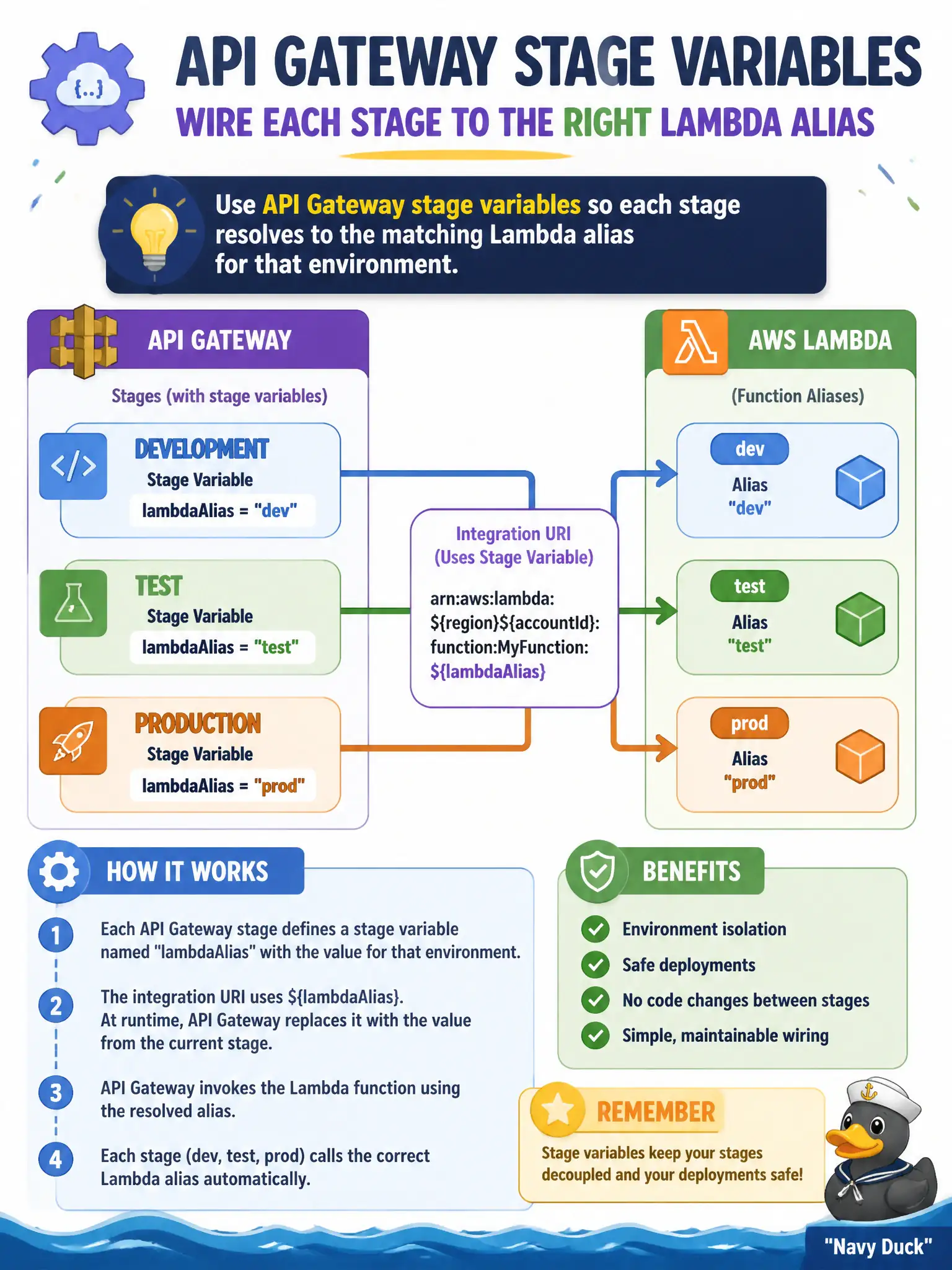 To Create an exciting colorful infographic that explains the concepts in the question: Question: A municipal API Gateway API has distinct stages for development, test, and production. Each stage must invoke a different Lambda alias. How should that wiring be managed? Correct Answer: Use API Gateway stage variables so each stage resolves to the matching Lambda alias for that environment. Put EVERY visible label in double quotes. No people. No A/B/C/D letters. In one of the four corners put a little "Navy Duck".