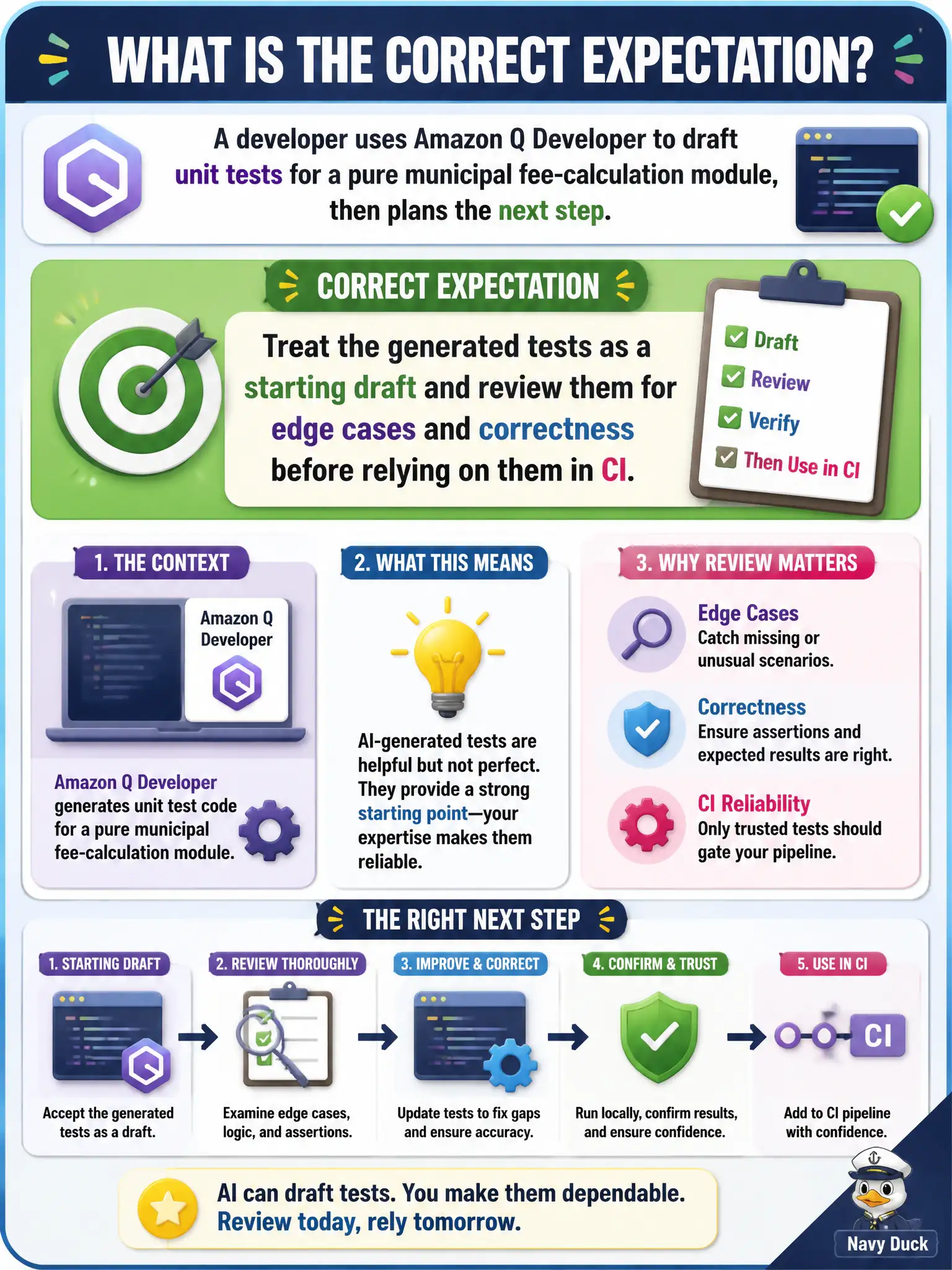 To Create an exciting colorful infographic that explains the concepts in the question: Question: A developer uses Amazon Q Developer to draft unit tests for a pure municipal fee-calculation module, then plans the next step. What is the correct expectation? Correct Answer: Treat the generated tests as a starting draft and review them for edge cases and correctness before relying on them in CI. Put EVERY visible label in double quotes. No people. No A/B/C/D letters. In one of the four corners put a little "Navy Duck".