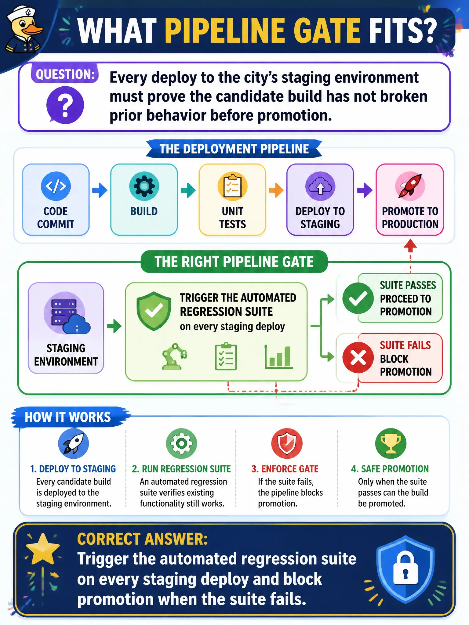To Create an exciting colorful infographic that explains the concepts in the question: Question: Every deploy to the city’s staging environment must prove the candidate build has not broken prior behavior before promotion. What pipeline gate fits? Correct Answer: Trigger the automated regression suite on every staging deploy and block promotion when the suite fails. Put EVERY visible label in double quotes. No people. No A/B/C/D letters. In one of the four corners put a little "Navy Duck".