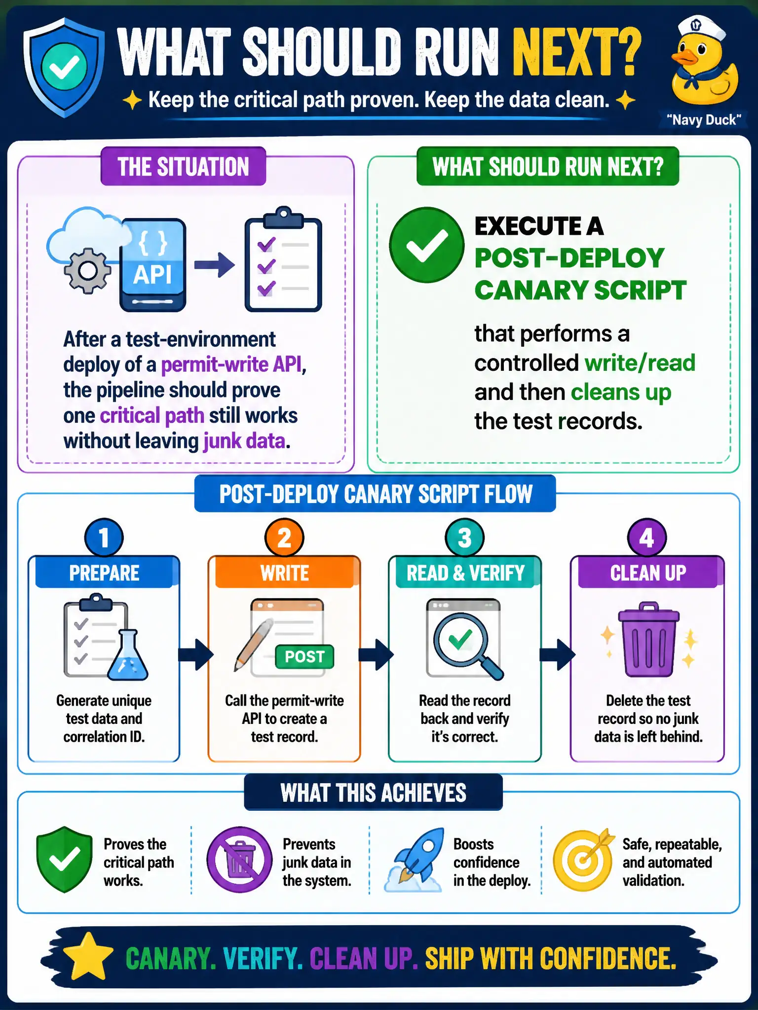 To Create an exciting colorful infographic that explains the concepts in the question: Question: After a test-environment deploy of a permit-write API, the pipeline should prove one critical path still works without leaving junk data. What should run next? Correct Answer: Execute a post-deploy canary script that performs a controlled write/read and then cleans up the test records. Put EVERY visible label in double quotes. No people. No A/B/C/D letters. In one of the four corners put a little "Navy Duck".
