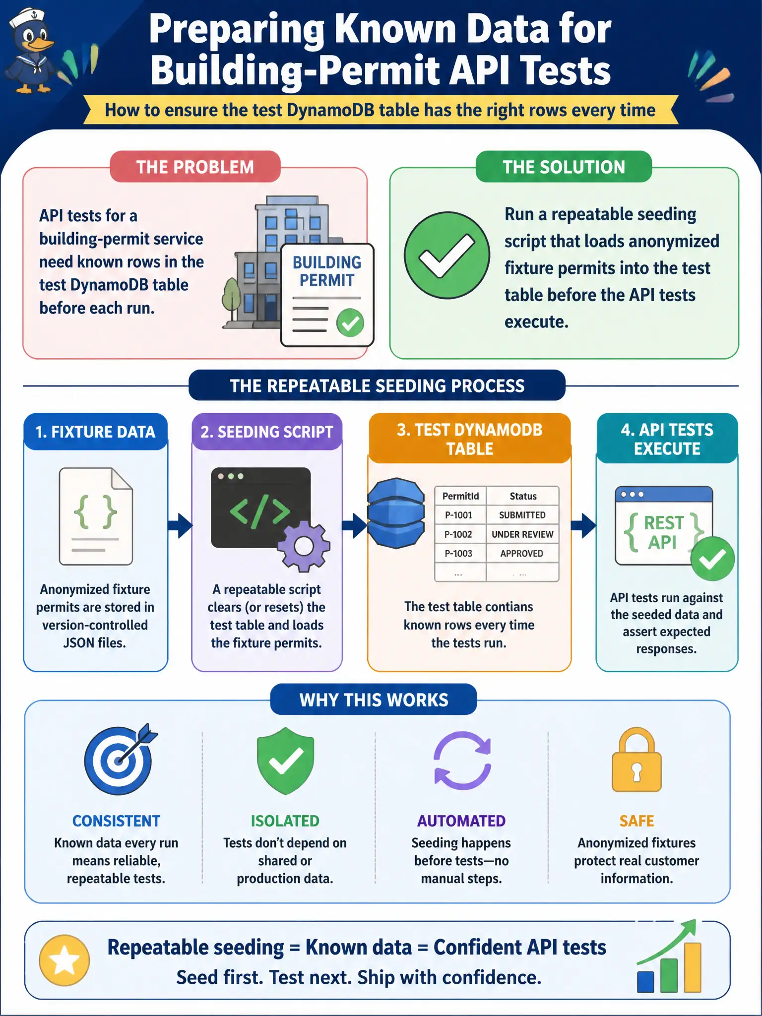 To Create an exciting colorful infographic that explains the concepts in the question: Question: API tests for a building-permit service need known rows in the test DynamoDB table before each run. How should that data be prepared? Correct Answer: Run a repeatable seeding script that loads anonymized fixture permits into the test table before the API tests execute. Put EVERY visible label in double quotes. No people. No A/B/C/D letters. In one of the four corners put a little "Navy Duck".
