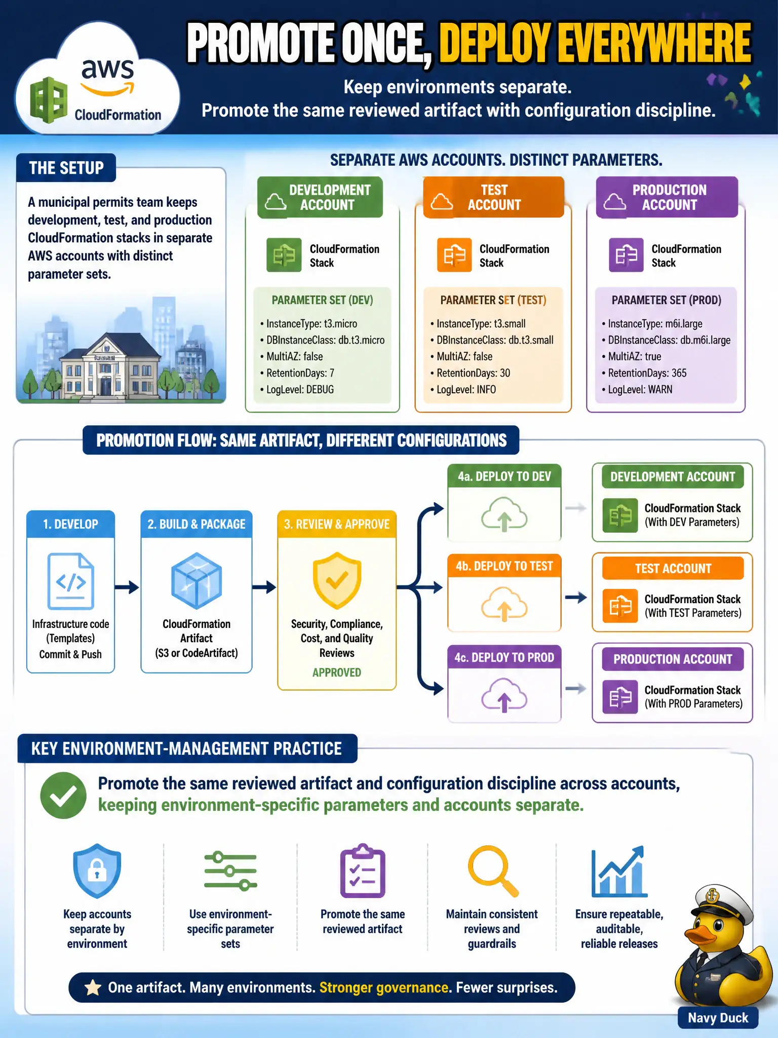 To Create an exciting colorful infographic that explains the concepts in the question: Question: A municipal permits team keeps development, test, and production CloudFormation stacks in separate AWS accounts with distinct parameter sets. What environment-management practice should they follow when promoting a release? Correct Answer: Promote the same reviewed artifact and configuration discipline across accounts, keeping environment-specific parameters and accounts separate. Put EVERY visible label in double quotes. No people. No A/B/C/D letters. In one of the four corners put a little "Navy Duck".