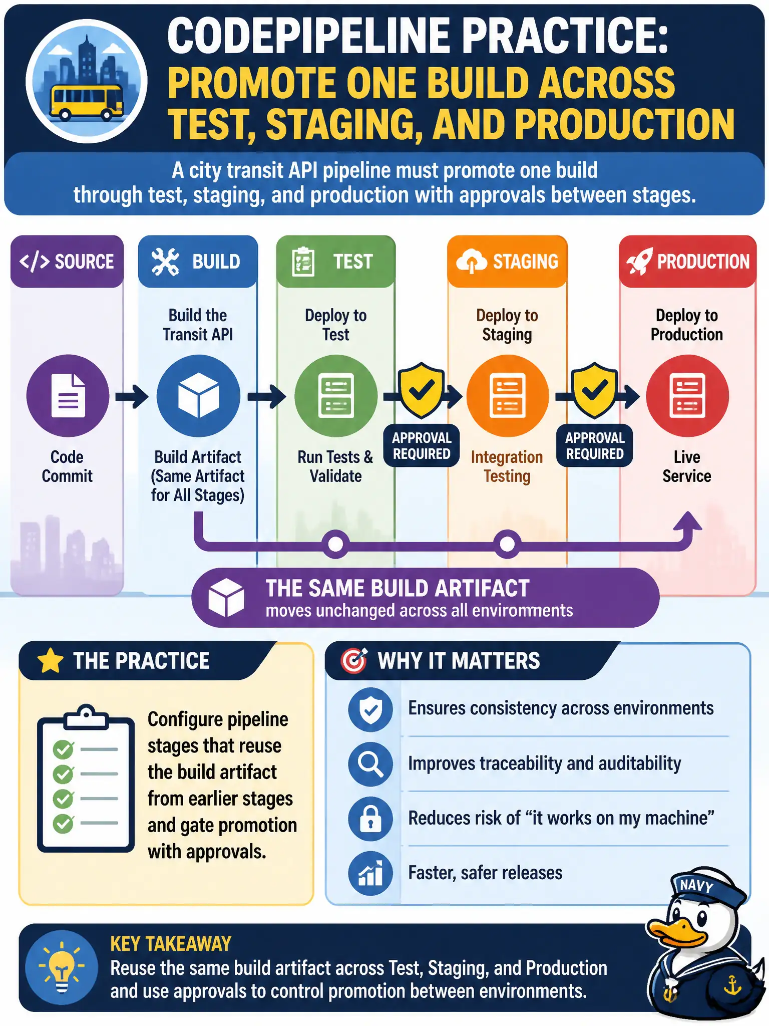 To Create an exciting colorful infographic that explains the concepts in the question: Question: A city transit API pipeline must promote one build through test, staging, and production with approvals between stages. What CodePipeline practice ensures the same artifact moves across those environments? Correct Answer: Configure pipeline stages that reuse the build artifact from earlier stages and gate promotion with approvals. Put EVERY visible label in double quotes. No people. No A/B/C/D letters. In one of the four corners put a little "Navy Duck".