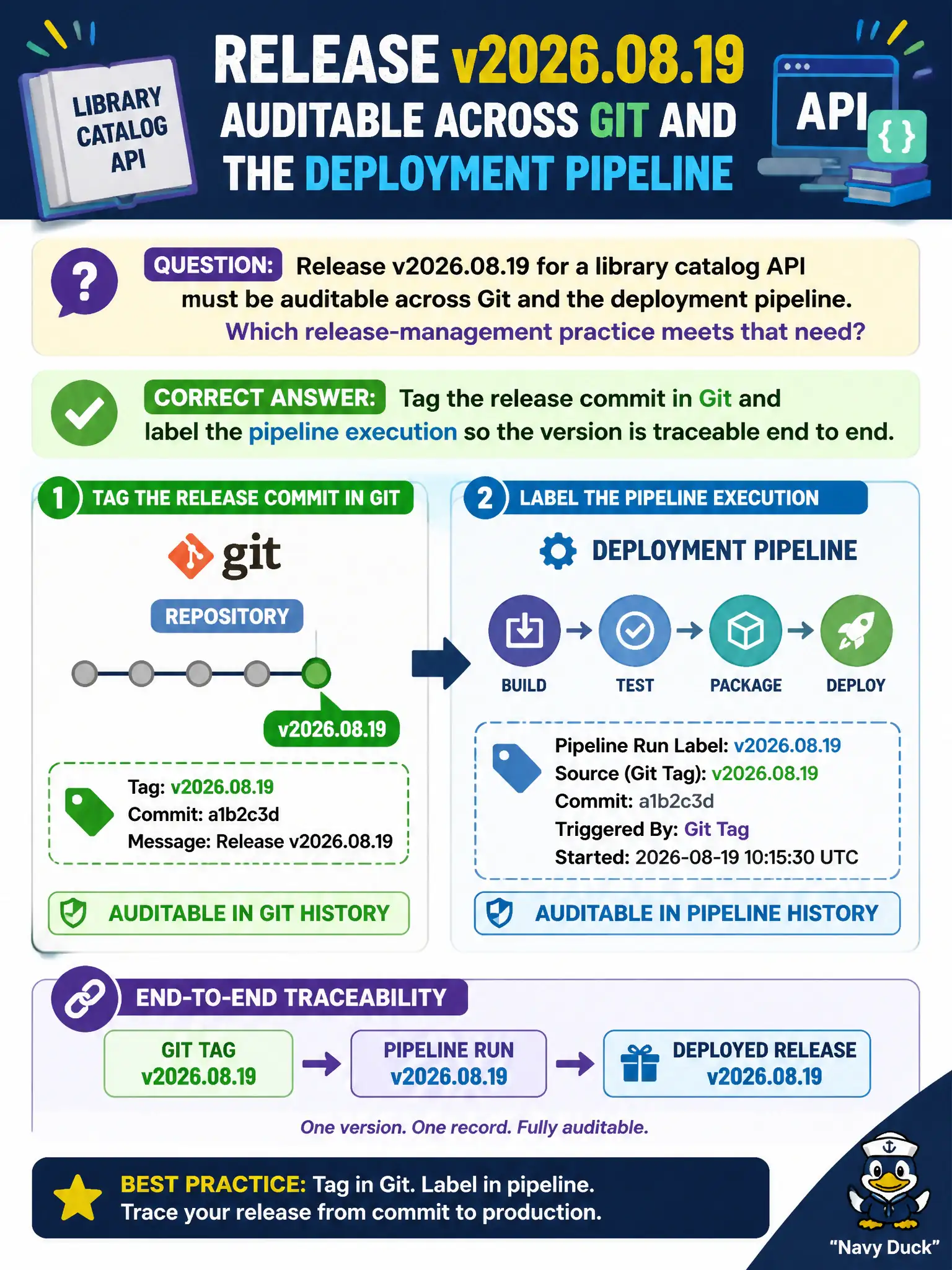 To Create an exciting colorful infographic that explains the concepts in the question: Question: Release v2026.08.19 for a library catalog API must be auditable across Git and the deployment pipeline. Which release-management practice meets that need? Correct Answer: Tag the release commit in Git and label the pipeline execution so the version is traceable end to end. Put EVERY visible label in double quotes. No people. No A/B/C/D letters. In one of the four corners put a little "Navy Duck".