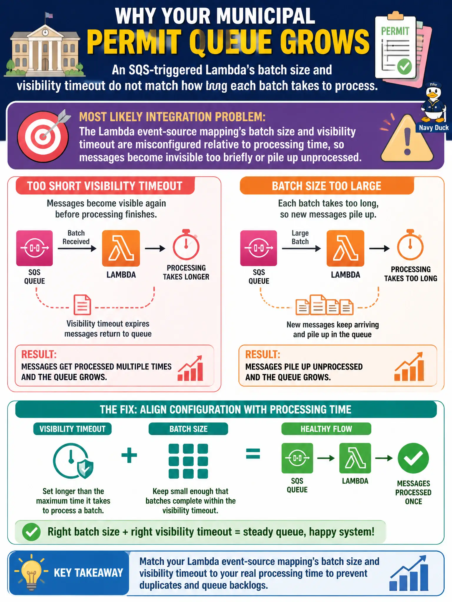 To Create an exciting colorful infographic that explains the concepts in the question: Question: A municipal permit queue grows because an SQS-triggered Lambda’s batch size and visibility timeout do not match how long each batch takes to process. What is the most likely integration problem? Correct Answer: The Lambda event-source mapping’s batch size and visibility timeout are misconfigured relative to processing time, so messages become invisible too briefly or pile up unprocessed. Put EVERY visible label in double quotes. No people. No A/B/C/D letters. In one of the four corners put a little "Navy Duck".
