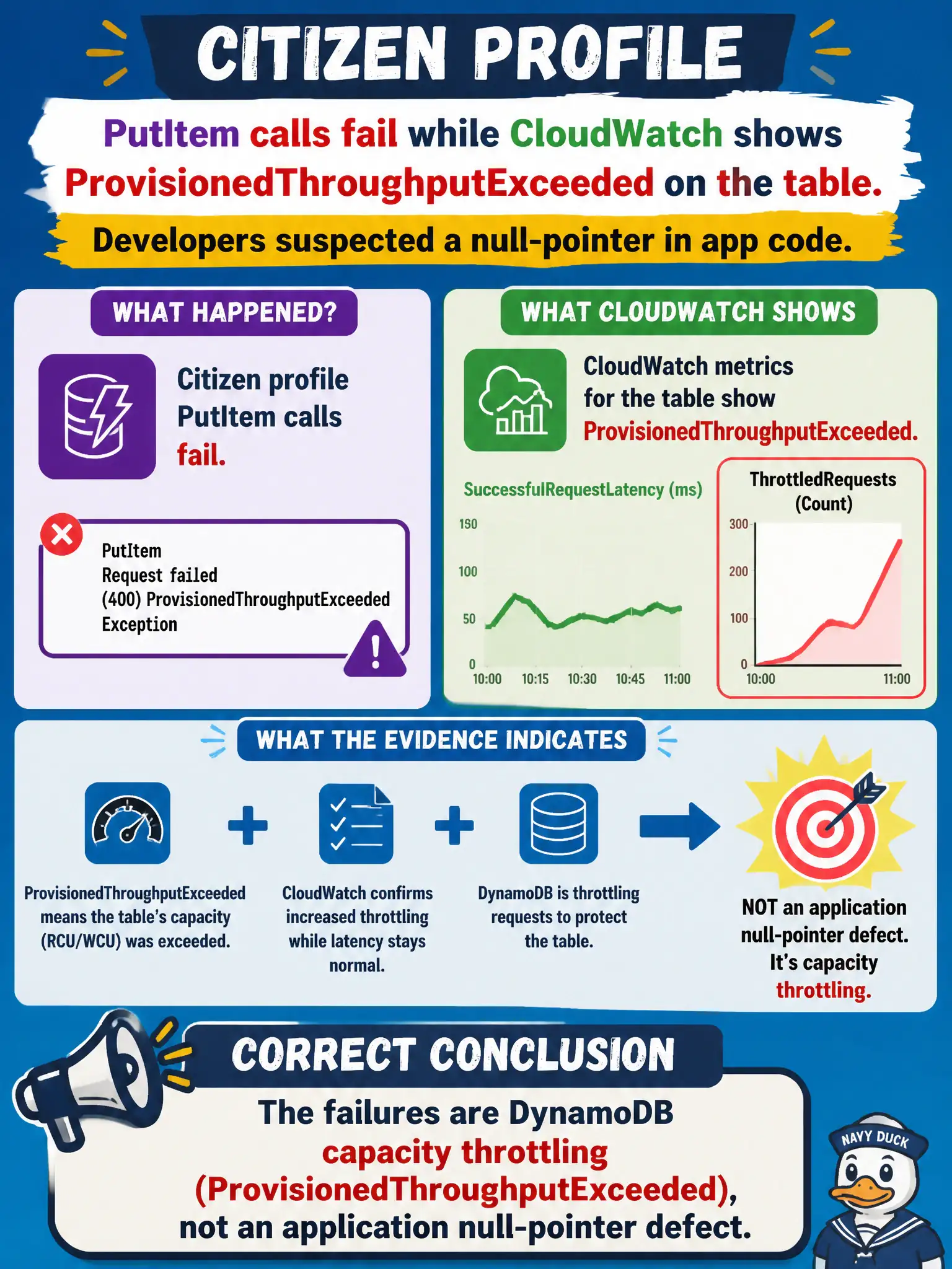 To Create an exciting colorful infographic that explains the concepts in the question: Question: Citizen profile PutItem calls fail while CloudWatch shows ProvisionedThroughputExceeded on the table. Developers suspected a null-pointer in app code. What does the evidence indicate? Correct Answer: The failures are DynamoDB capacity throttling (ProvisionedThroughputExceeded), not an application null-pointer defect. Put EVERY visible label in double quotes. No people. No A/B/C/D letters. In one of the four corners put a little "Navy Duck".