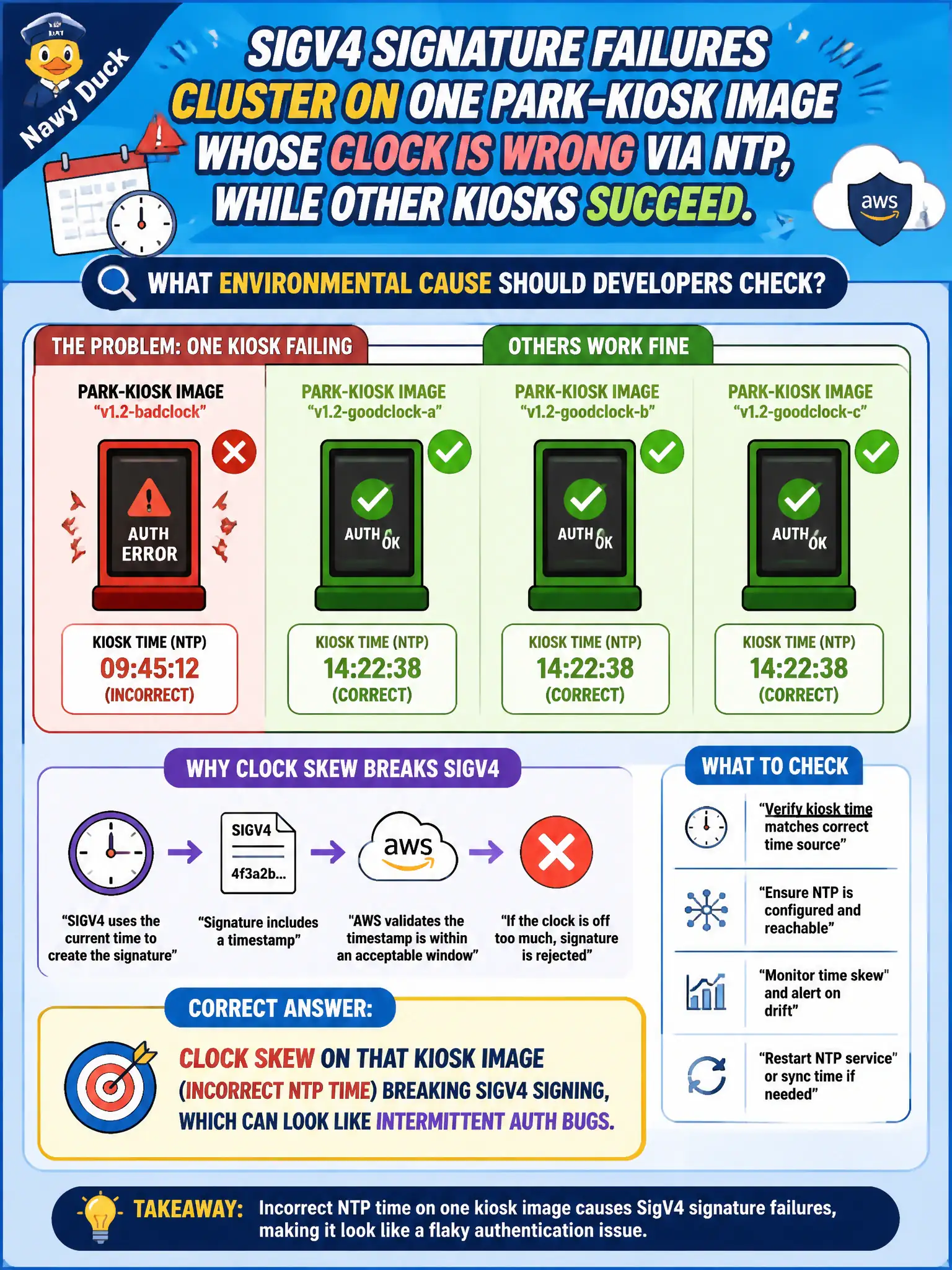 To Create an exciting colorful infographic that explains the concepts in the question: Question: SigV4 signature failures cluster on one park-kiosk image whose clock is wrong via NTP, while other kiosks succeed. What environmental cause should developers check? Correct Answer: Clock skew on that kiosk image (incorrect NTP time) breaking SigV4 signing, which can look like intermittent auth bugs. Put EVERY visible label in double quotes. No people. No A/B/C/D letters. In one of the four corners put a little "Navy Duck".