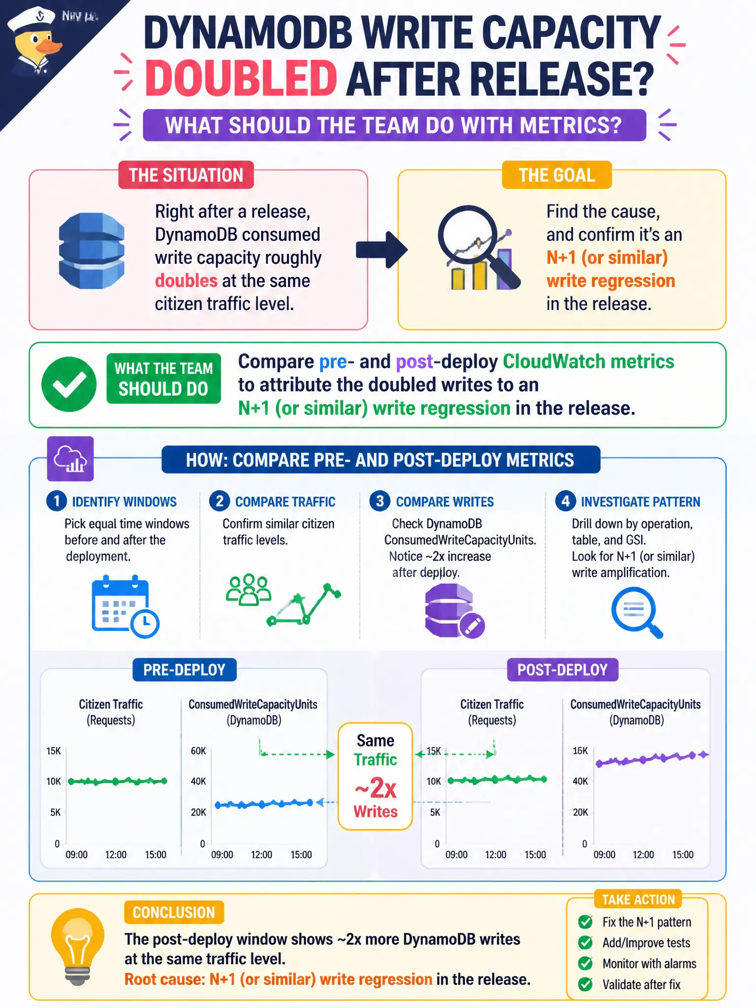 To Create an exciting colorful infographic that explains the concepts in the question: Question: Right after a release, DynamoDB consumed write capacity roughly doubles at the same citizen traffic level. What should the team do with metrics? Correct Answer: Compare pre- and post-deploy CloudWatch metrics to attribute the doubled writes to an N+1 (or similar) write regression in the release. Put EVERY visible label in double quotes. No people. No A/B/C/D letters. In one of the four corners put a little "Navy Duck".