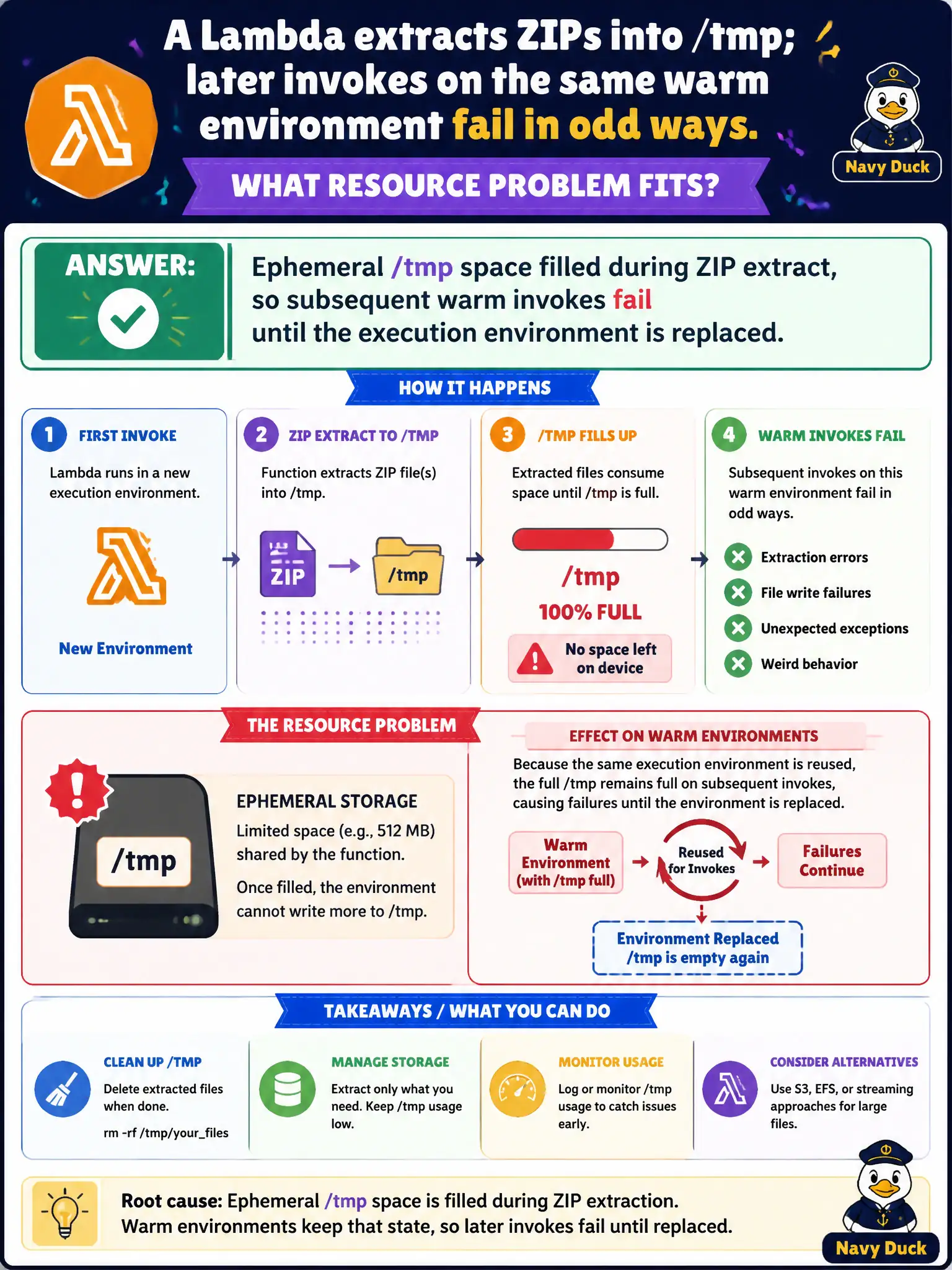To Create an exciting colorful infographic that explains the concepts in the question: Question: A grants Lambda extracts ZIPs into /tmp; later invokes on the same warm environment fail in odd ways. What resource problem fits? Correct Answer: Ephemeral /tmp space filled during ZIP extract, so subsequent warm invokes fail until the execution environment is replaced. Put EVERY visible label in double quotes. No people. No A/B/C/D letters. In one of the four corners put a little "Navy Duck".