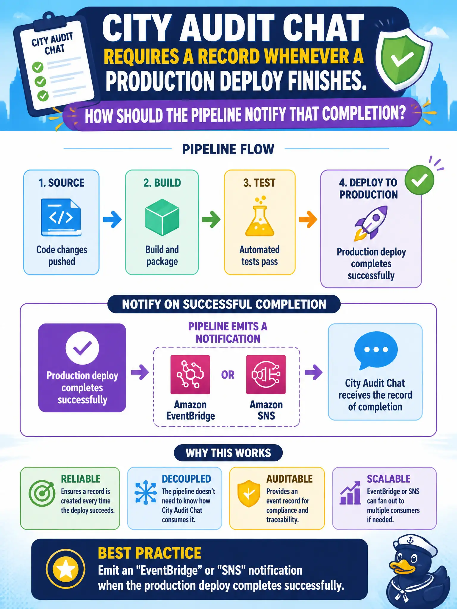 To Create an exciting colorful infographic that explains the concepts in the question: Question: City audit chat requires a record whenever a production deploy finishes. How should the pipeline notify that completion? Correct Answer: Emit an EventBridge or SNS notification when the production deploy completes successfully. Put EVERY visible label in double quotes. No people. No A/B/C/D letters. In one of the four corners put a little "Navy Duck".