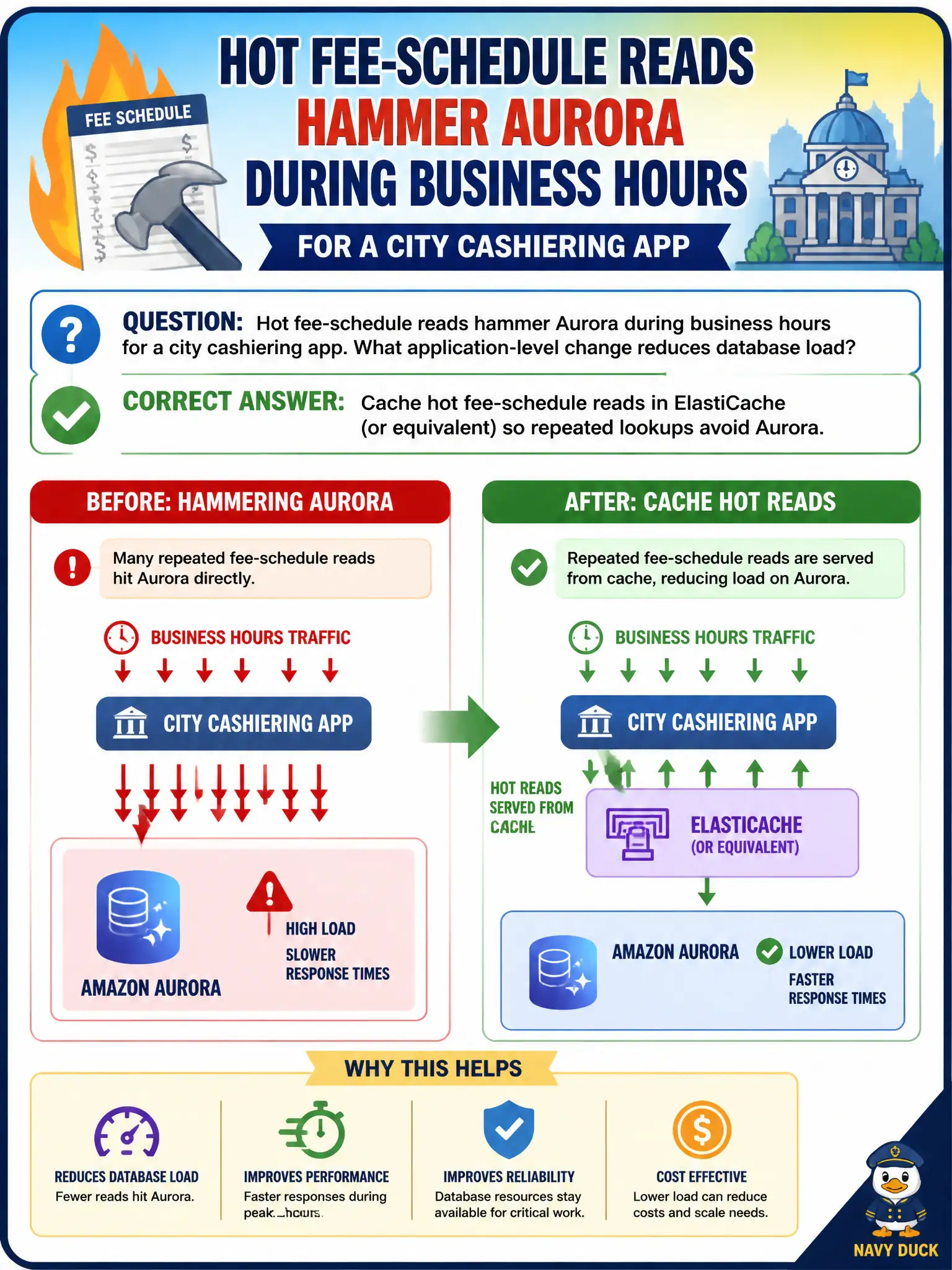 To Create an exciting colorful infographic that explains the concepts in the question: Question: Hot fee-schedule reads hammer Aurora during business hours for a city cashiering app. What application-level change reduces database load? Correct Answer: Cache hot fee-schedule reads in ElastiCache (or equivalent) so repeated lookups avoid Aurora. Put EVERY visible label in double quotes. No people. No A/B/C/D letters. In one of the four corners put a little "Navy Duck".