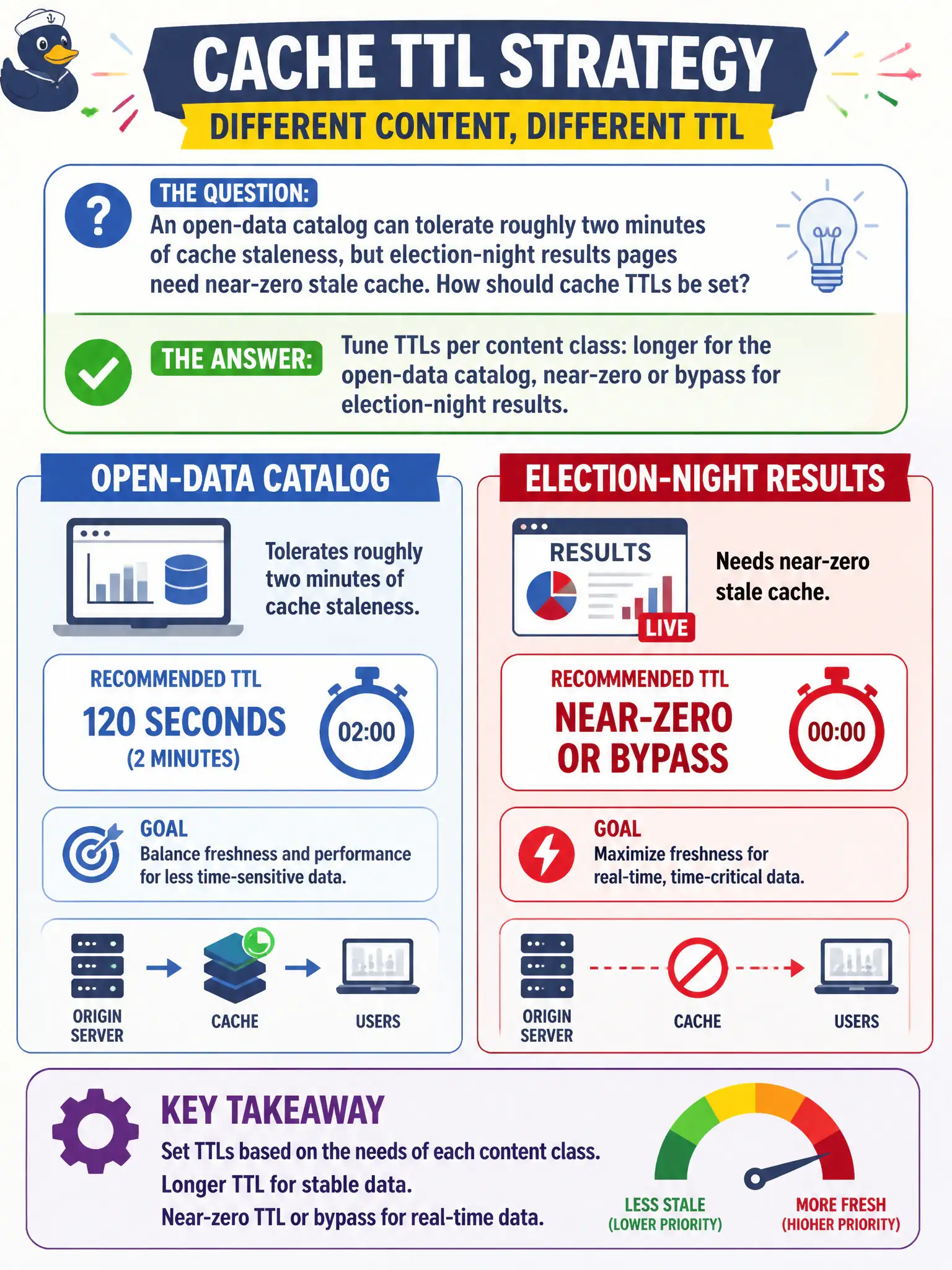To Create an exciting colorful infographic that explains the concepts in the question: Question: An open-data catalog can tolerate roughly two minutes of cache staleness, but election-night results pages need near-zero stale cache. How should cache TTLs be set? Correct Answer: Tune TTLs per content class: longer for the open-data catalog, near-zero or bypass for election-night results. Put EVERY visible label in double quotes. No people. No A/B/C/D letters. In one of the four corners put a little "Navy Duck".