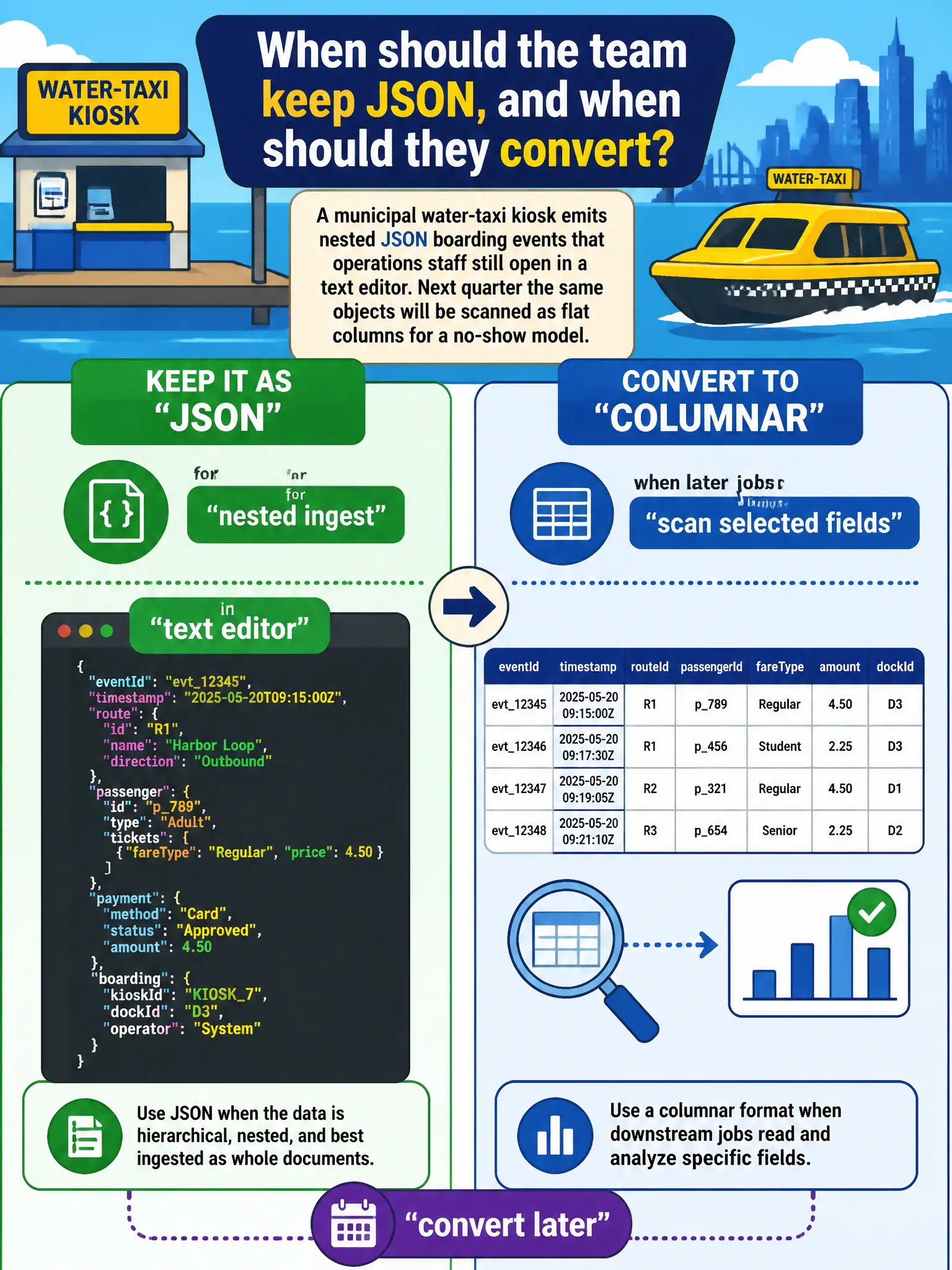 To Create an exciting colorful infographic that explains the concepts in the question: Question: A municipal water-taxi kiosk emits nested JSON boarding events that operations staff still open in a text editor. Next quarter the same objects will be scanned as flat columns for a no-show model. When should the team keep JSON, and when should they convert? Correct Answer: Keep JSON for nested, document-style ingest. Convert to a columnar format when later jobs scan selected fields. Put EVERY visible label in double quotes. No people. No A/B/C/D letters. In one of the four corners put a little "Navy Duck".