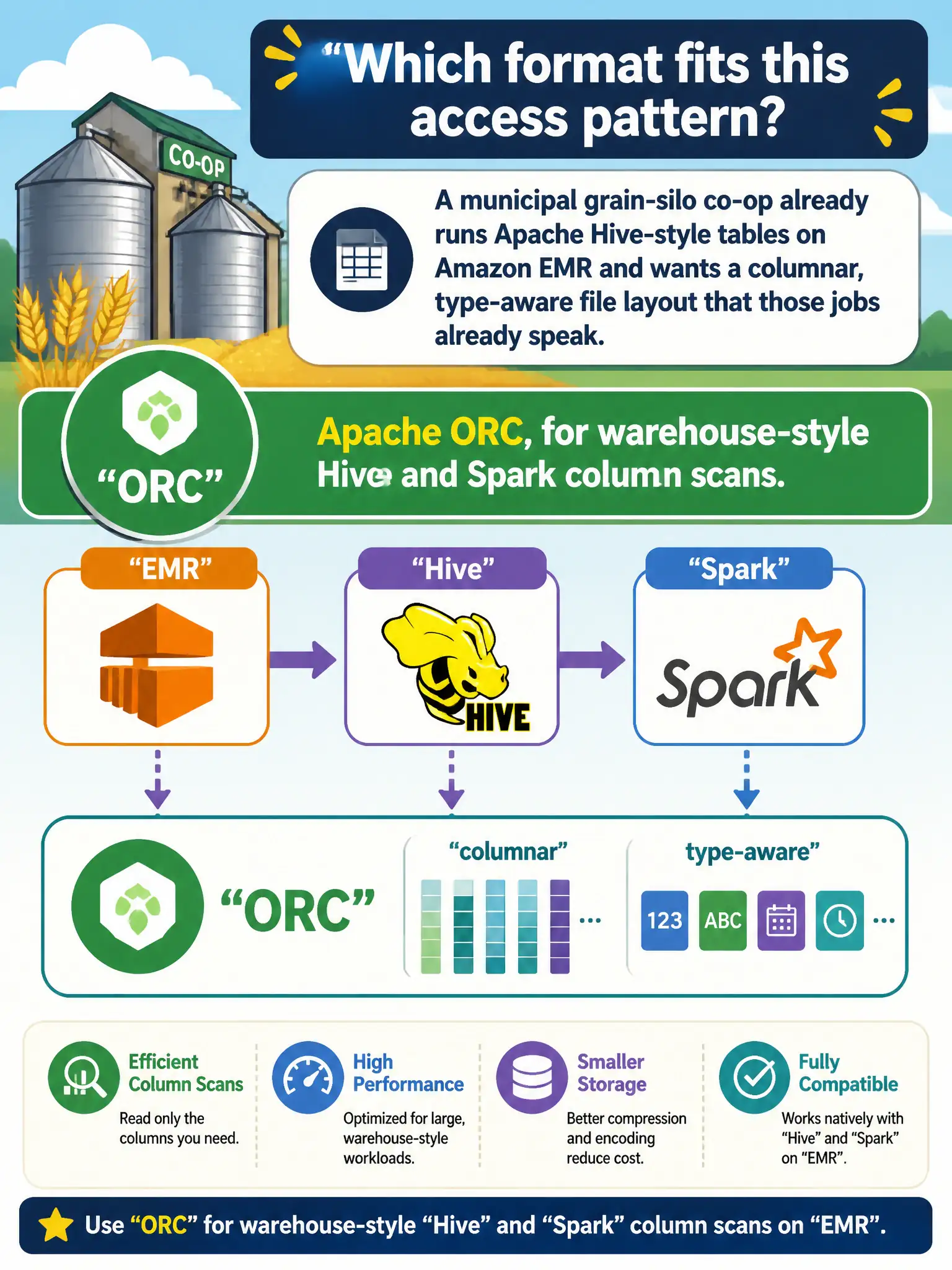 To Create an exciting colorful infographic that explains the concepts in the question: Question: A municipal grain-silo co-op already runs Apache Hive-style tables on Amazon EMR and wants a columnar, type-aware file layout that those jobs already speak. Which format fits that access pattern? Correct Answer: Apache ORC, for warehouse-style Hive and Spark column scans. Put EVERY visible label in double quotes. No people. No A/B/C/D letters. In one of the four corners put a little "Navy Duck".