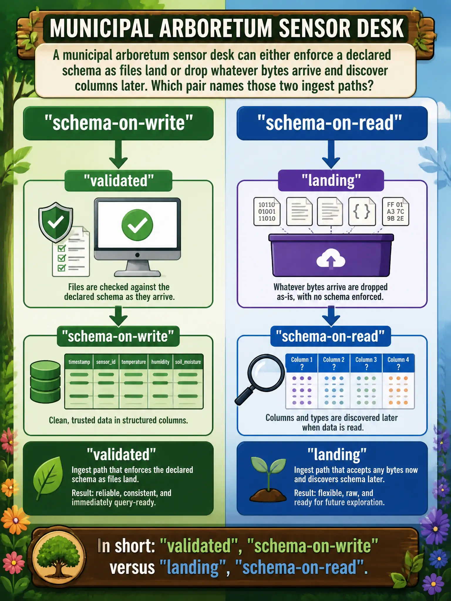 To Create an exciting colorful infographic that explains the concepts in the question: Question: A municipal arboretum sensor desk can either enforce a declared schema as files land or drop whatever bytes arrive and discover columns later. Which pair names those two ingest paths? Correct Answer: Validated, schema-checked-on-write ingest versus non-validated, schema-on-read landing. Put EVERY visible label in double quotes. No people. No A/B/C/D letters. In one of the four corners put a little "Navy Duck".