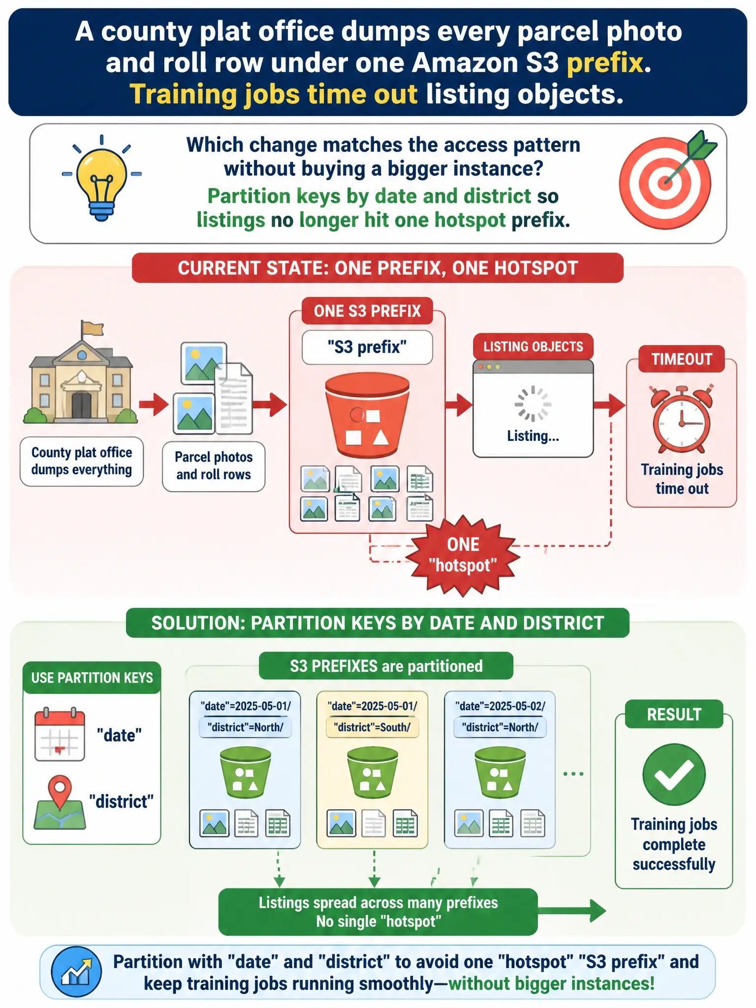 To Create an exciting colorful infographic that explains the concepts in the question: Question: A county plat office dumps every parcel photo and roll row under one Amazon S3 prefix. Training jobs time out listing objects. Which change matches the access pattern without buying a bigger instance? Correct Answer: Partition keys by date and district so listings no longer hit one hotspot prefix. Put EVERY visible label in double quotes. No people. No A/B/C/D letters. In one of the four corners put a little "Navy Duck".