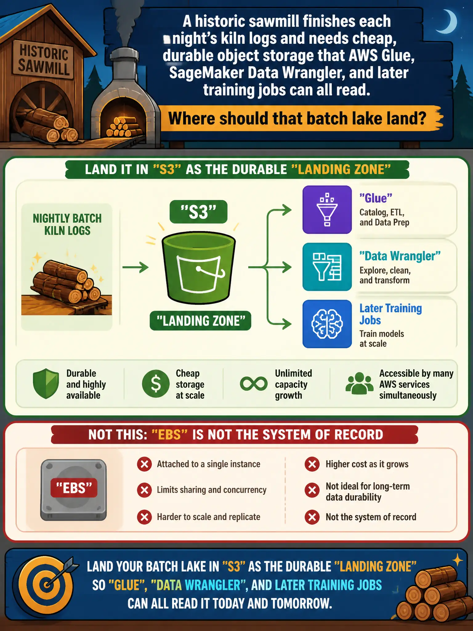 To Create an exciting colorful infographic that explains the concepts in the question: Question: A historic sawmill finishes each night’s kiln logs and needs cheap, durable object storage that AWS Glue, SageMaker Data Wrangler, and later training jobs can all read. Where should that batch lake land? Correct Answer: Amazon S3 as the durable batch landing zone, not an instance EBS volume as the system of record. Put EVERY visible label in double quotes. No people. No A/B/C/D letters. In one of the four corners put a little "Navy Duck".
