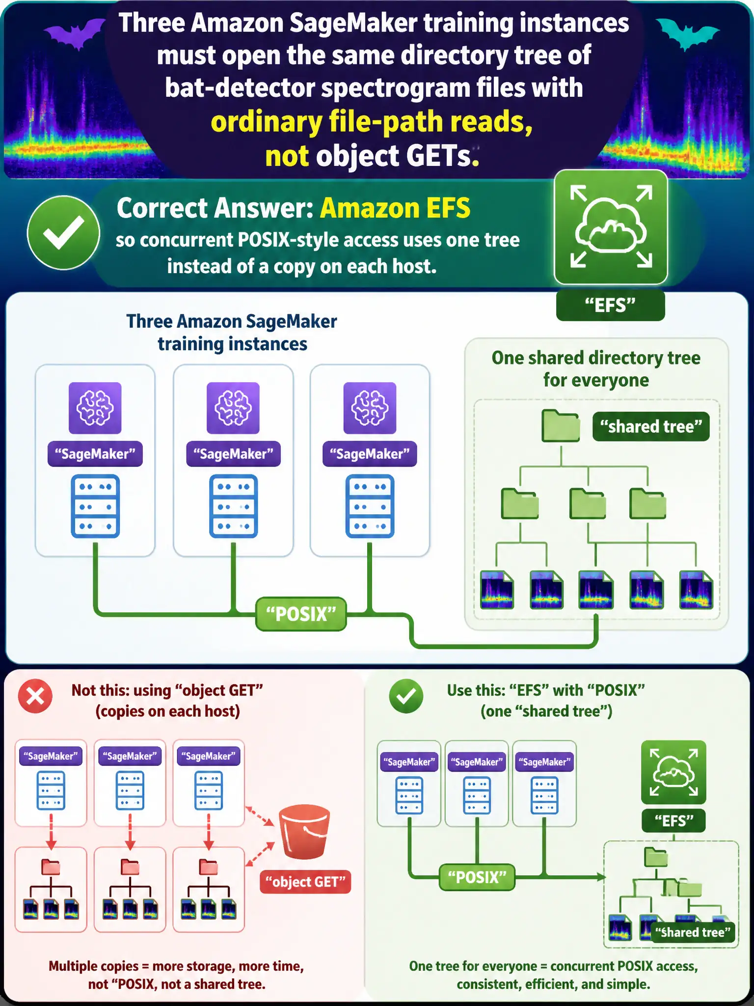 To Create an exciting colorful infographic that explains the concepts in the question: Question: Three Amazon SageMaker training instances must open the same directory tree of bat-detector spectrogram files with ordinary file-path reads, not object GETs. Which store should they share? Correct Answer: Amazon EFS, so concurrent POSIX-style access uses one tree instead of a copy on each host. Put EVERY visible label in double quotes. No people. No A/B/C/D letters. In one of the four corners put a little "Navy Duck".