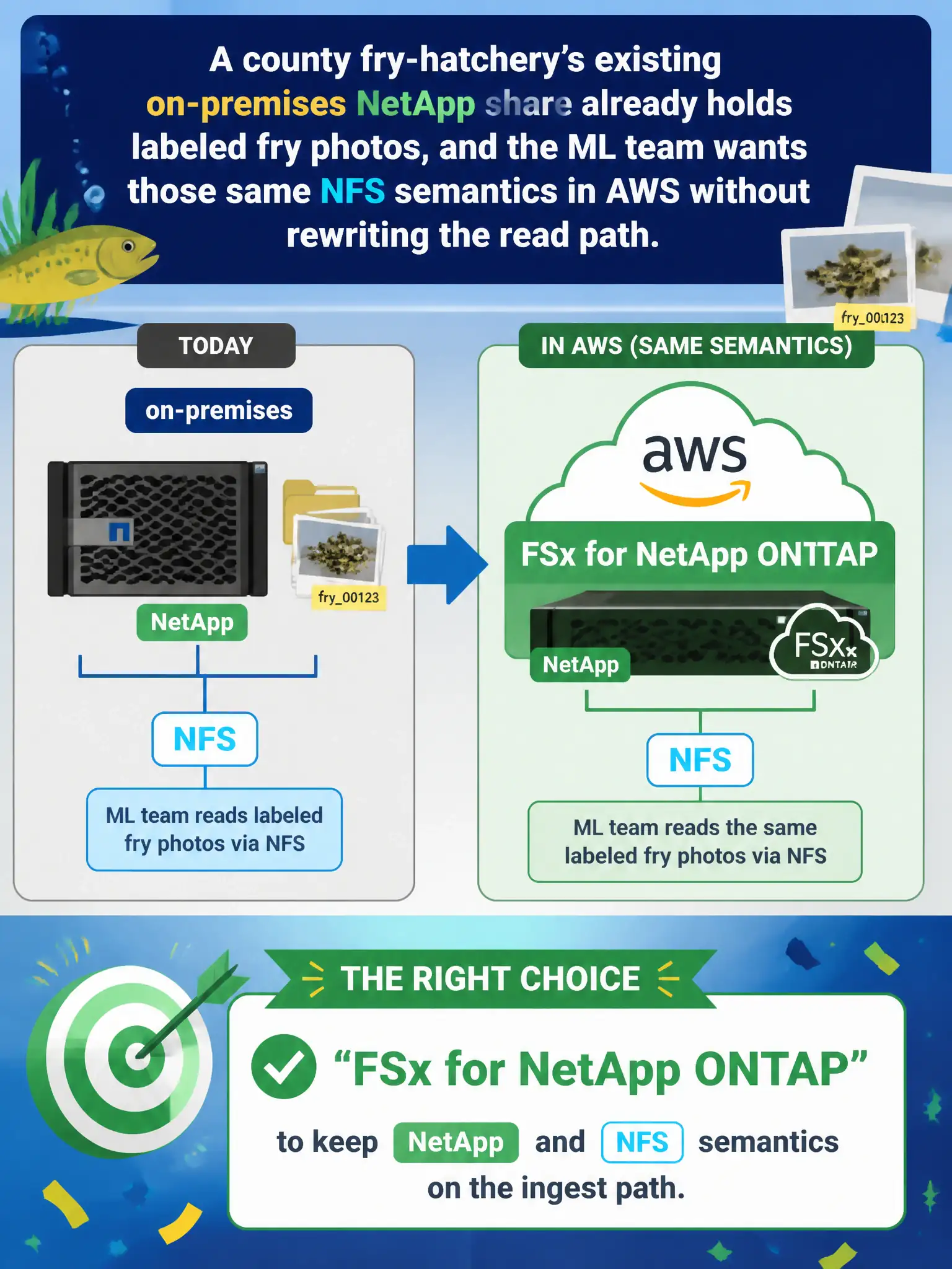 To Create an exciting colorful infographic that explains the concepts in the question: Question: A county fry-hatchery’s existing on-premises NetApp share already holds labeled fry photos, and the ML team wants those same NFS semantics in AWS without rewriting the read path. Which store should they choose? Correct Answer: Amazon FSx for NetApp ONTAP, to keep NetApp and NFS semantics on the ingest path. Put EVERY visible label in double quotes. No people. No A/B/C/D letters. In one of the four corners put a little "Navy Duck".