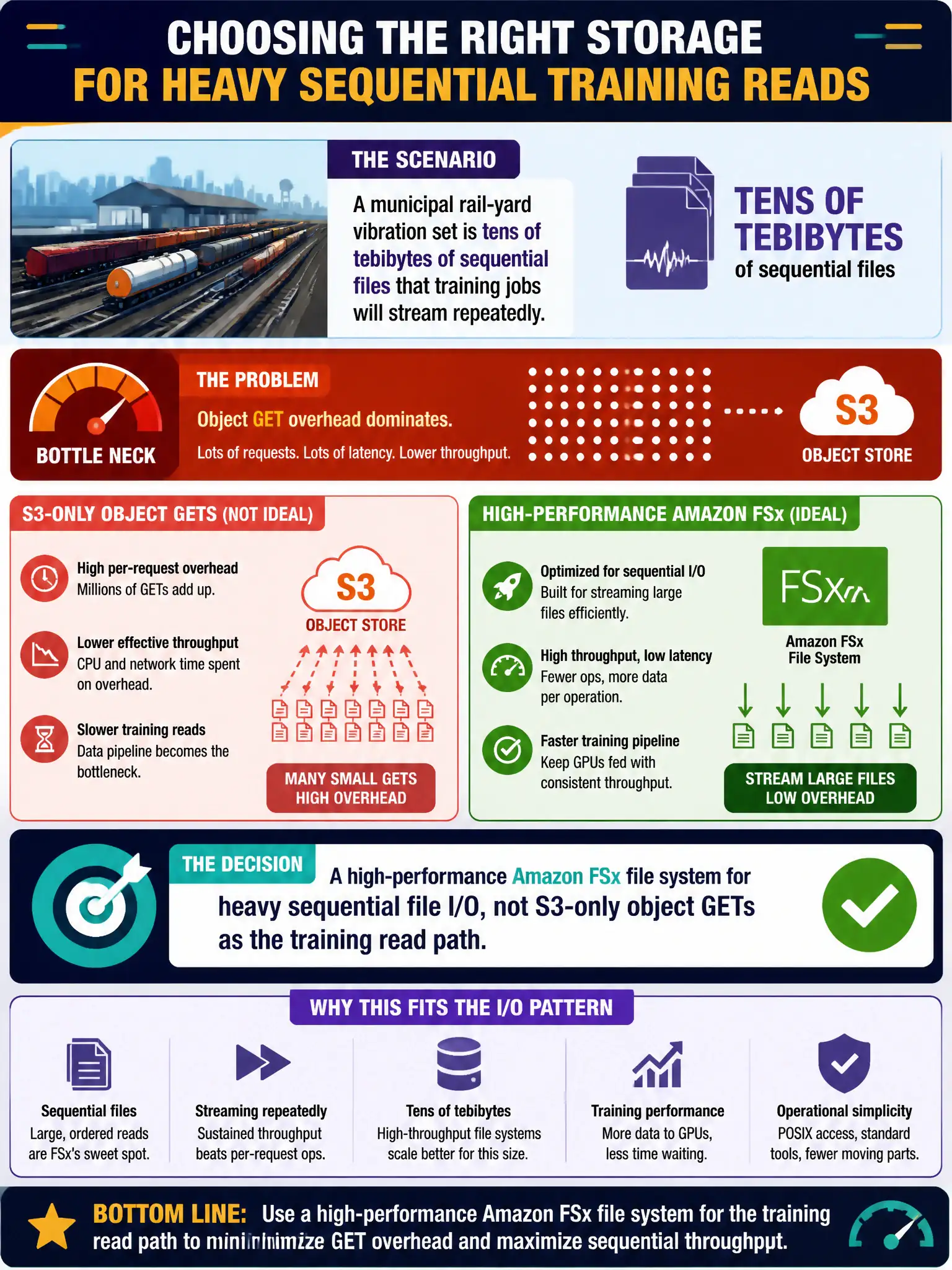 To Create an exciting colorful infographic that explains the concepts in the question: Question: A municipal rail-yard vibration set is tens of tebibytes of sequential files that training jobs will stream repeatedly. Object GET overhead dominates. Which initial storage decision fits that I/O pattern? Correct Answer: A high-performance Amazon FSx file system for heavy sequential file I/O, not S3-only object GETs as the training read path. Put EVERY visible label in double quotes. No people. No A/B/C/D letters. In one of the four corners put a little "Navy Duck".