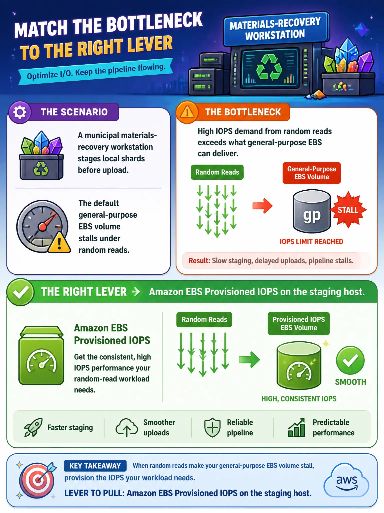 To Create an exciting colorful infographic that explains the concepts in the question: Question: A municipal materials-recovery workstation stages local shards before upload; the default general-purpose EBS volume stalls under random reads. Which lever matches that bottleneck? Correct Answer: Amazon EBS Provisioned IOPS on the staging host. Put EVERY visible label in double quotes. No people. No A/B/C/D letters. In one of the four corners put a little "Navy Duck".