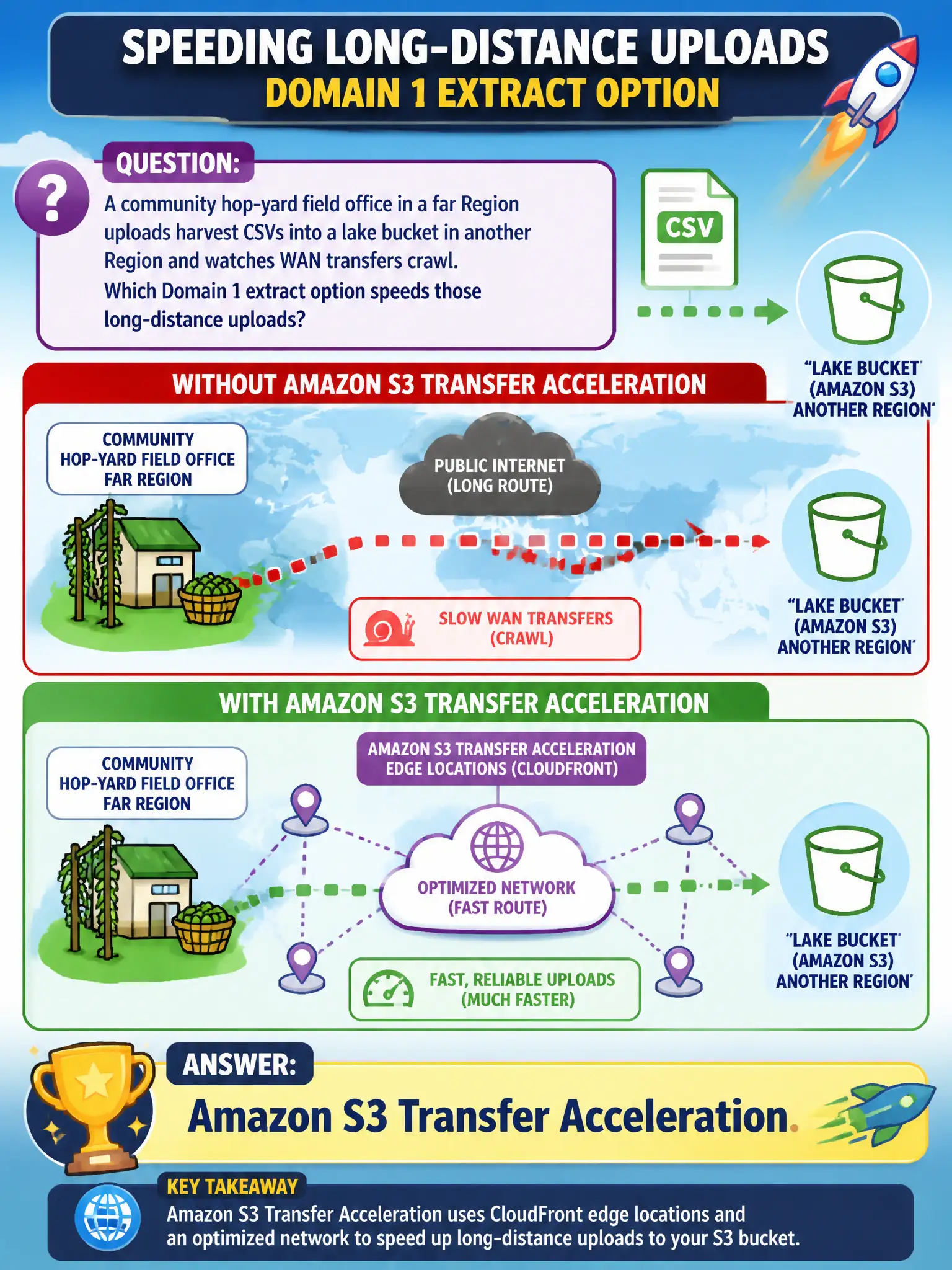 To Create an exciting colorful infographic that explains the concepts in the question: Question: A community hop-yard field office in a far Region uploads harvest CSVs into a lake bucket in another Region and watches WAN transfers crawl. Which Domain 1 extract option speeds those long-distance uploads? Correct Answer: Amazon S3 Transfer Acceleration. Put EVERY visible label in double quotes. No people. No A/B/C/D letters. In one of the four corners put a little "Navy Duck".