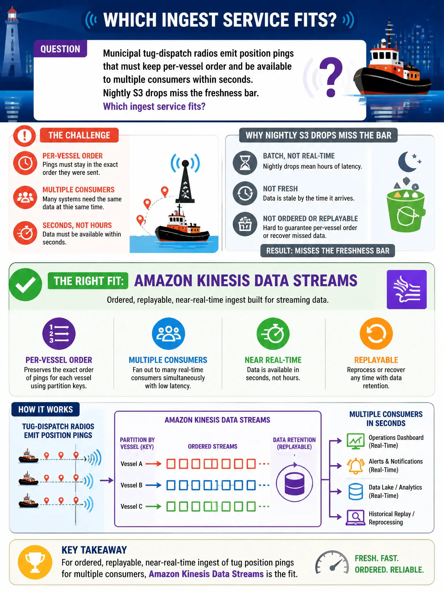 To Create an exciting colorful infographic that explains the concepts in the question: Question: Municipal tug-dispatch radios emit position pings that must keep per-vessel order and be available to multiple consumers within seconds. Nightly S3 drops miss the freshness bar. Which ingest service fits? Correct Answer: Amazon Kinesis Data Streams for ordered, replayable, near-real-time ingest. Put EVERY visible label in double quotes. No people. No A/B/C/D letters. In one of the four corners put a little "Navy Duck".