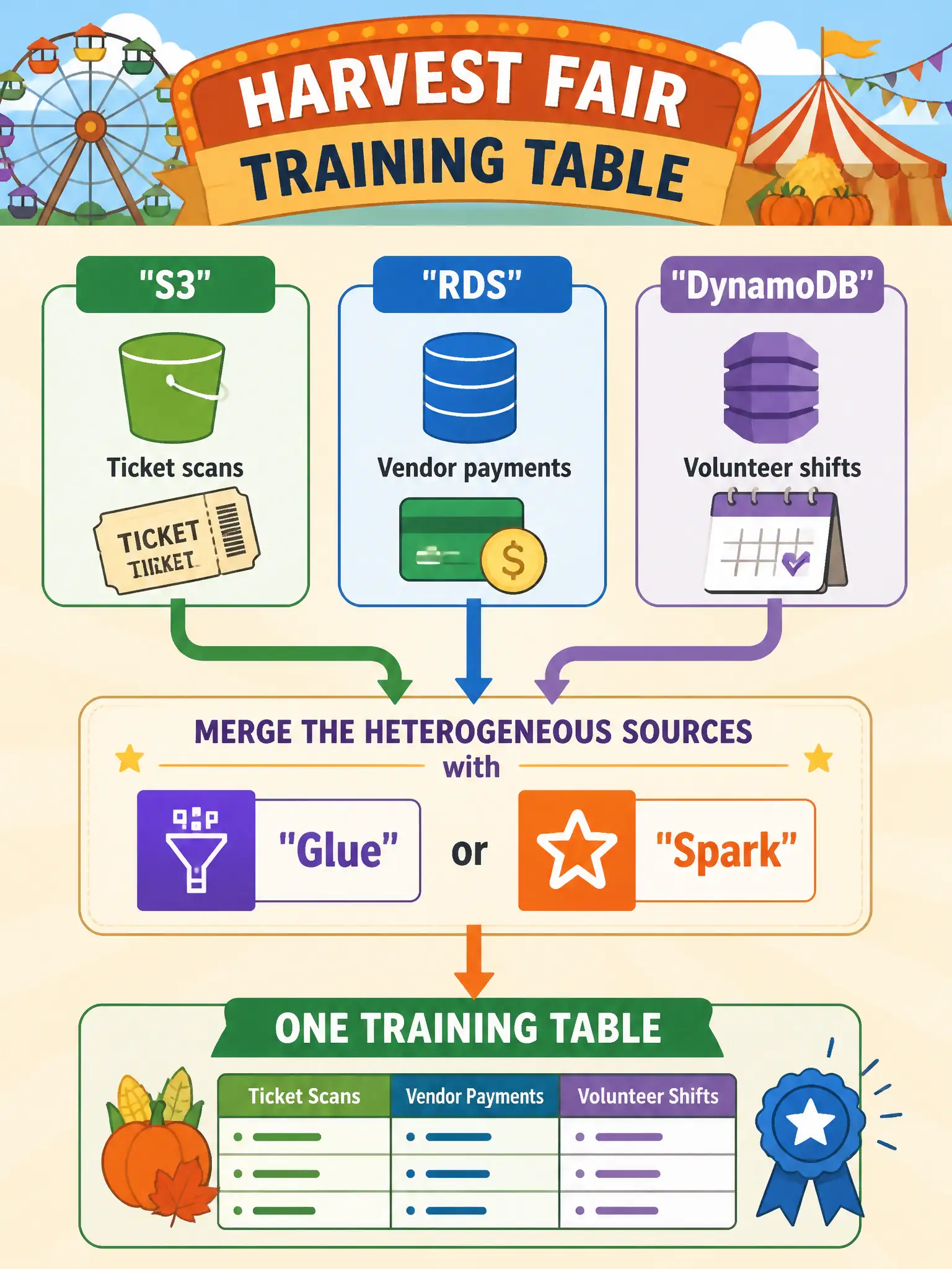 To Create an exciting colorful infographic that explains the concepts in the question: Question: A county harvest-fair needs ticket scans from Amazon S3, vendor payments from Amazon RDS, and volunteer shifts from Amazon DynamoDB as one training table. Which merge path matches the official skill? Correct Answer: Merge the heterogeneous sources with AWS Glue or Apache Spark. Put EVERY visible label in double quotes. No people. No A/B/C/D letters. In one of the four corners put a little "Navy Duck".