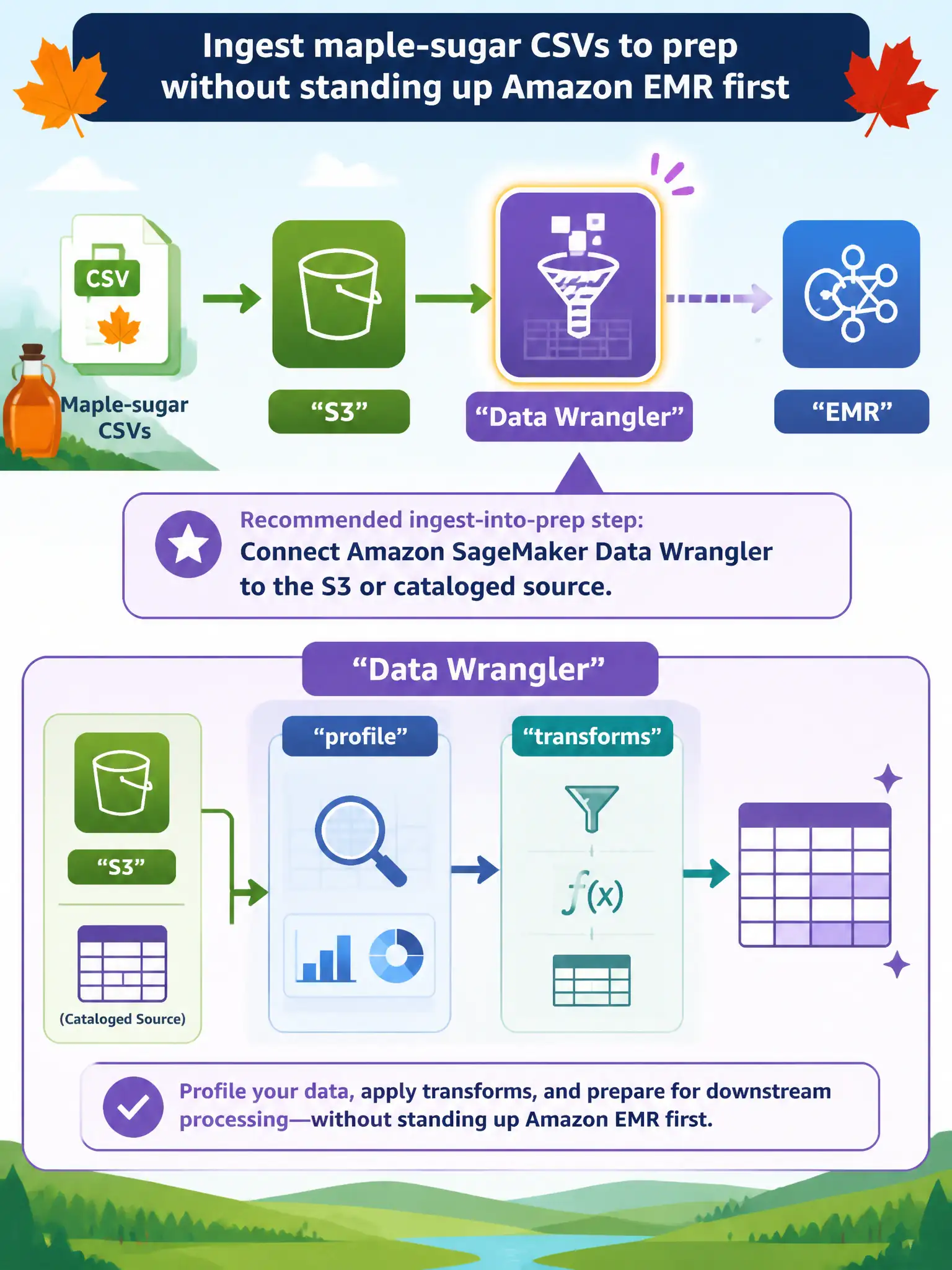 To Create an exciting colorful infographic that explains the concepts in the question: Question: After maple-sugar CSVs reach Amazon S3, a small ML team wants a visual flow to profile and start transforms without standing up Amazon EMR first. Which ingest-into-prep step should they take? Correct Answer: Connect Amazon SageMaker Data Wrangler to the S3 or cataloged source. Put EVERY visible label in double quotes. No people. No A/B/C/D letters. In one of the four corners put a little "Navy Duck".