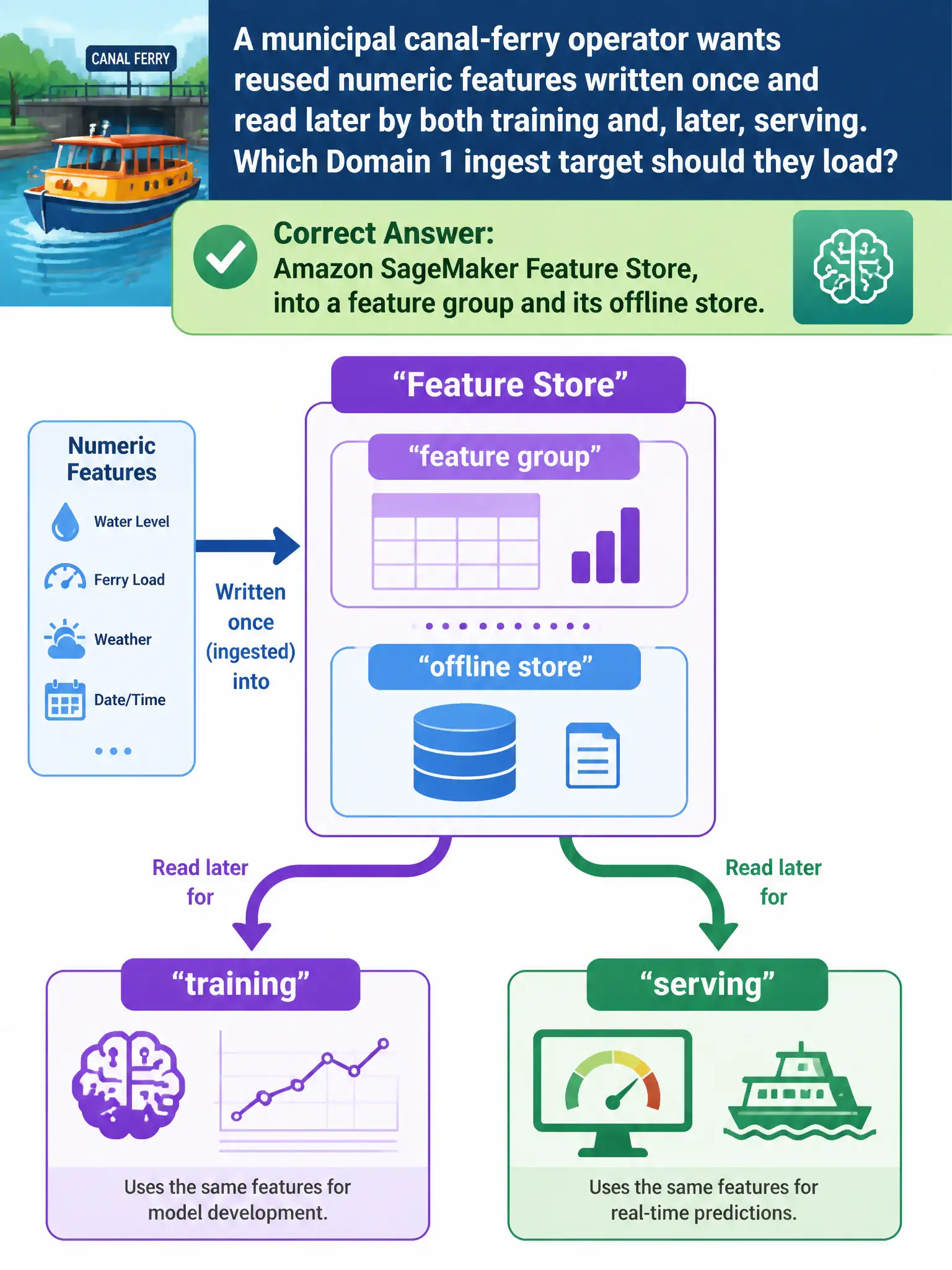 To Create an exciting colorful infographic that explains the concepts in the question: Question: A municipal canal-ferry operator wants reused numeric features written once and read later by both training and, later, serving. Which Domain 1 ingest target should they load? Correct Answer: Amazon SageMaker Feature Store, into a feature group and its offline store. Put EVERY visible label in double quotes. No people. No A/B/C/D letters. In one of the four corners put a little "Navy Duck".