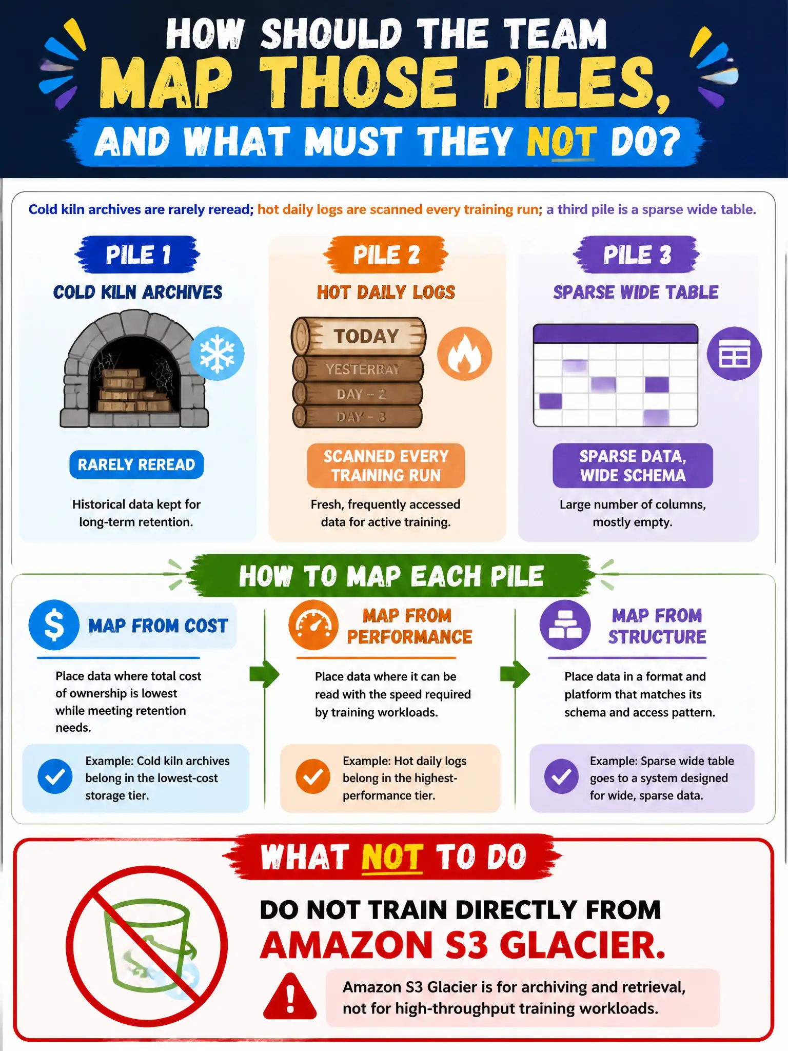 To Create an exciting colorful infographic that explains the concepts in the question: Question: Cold kiln archives are rarely reread; hot daily logs are scanned every training run; a third pile is a sparse wide table. How should the team map those piles, and what must they not do? Correct Answer: Map each pile from cost, performance, and structure. Do not train directly from Amazon S3 Glacier. Put EVERY visible label in double quotes. No people. No A/B/C/D letters. In one of the four corners put a little "Navy Duck".