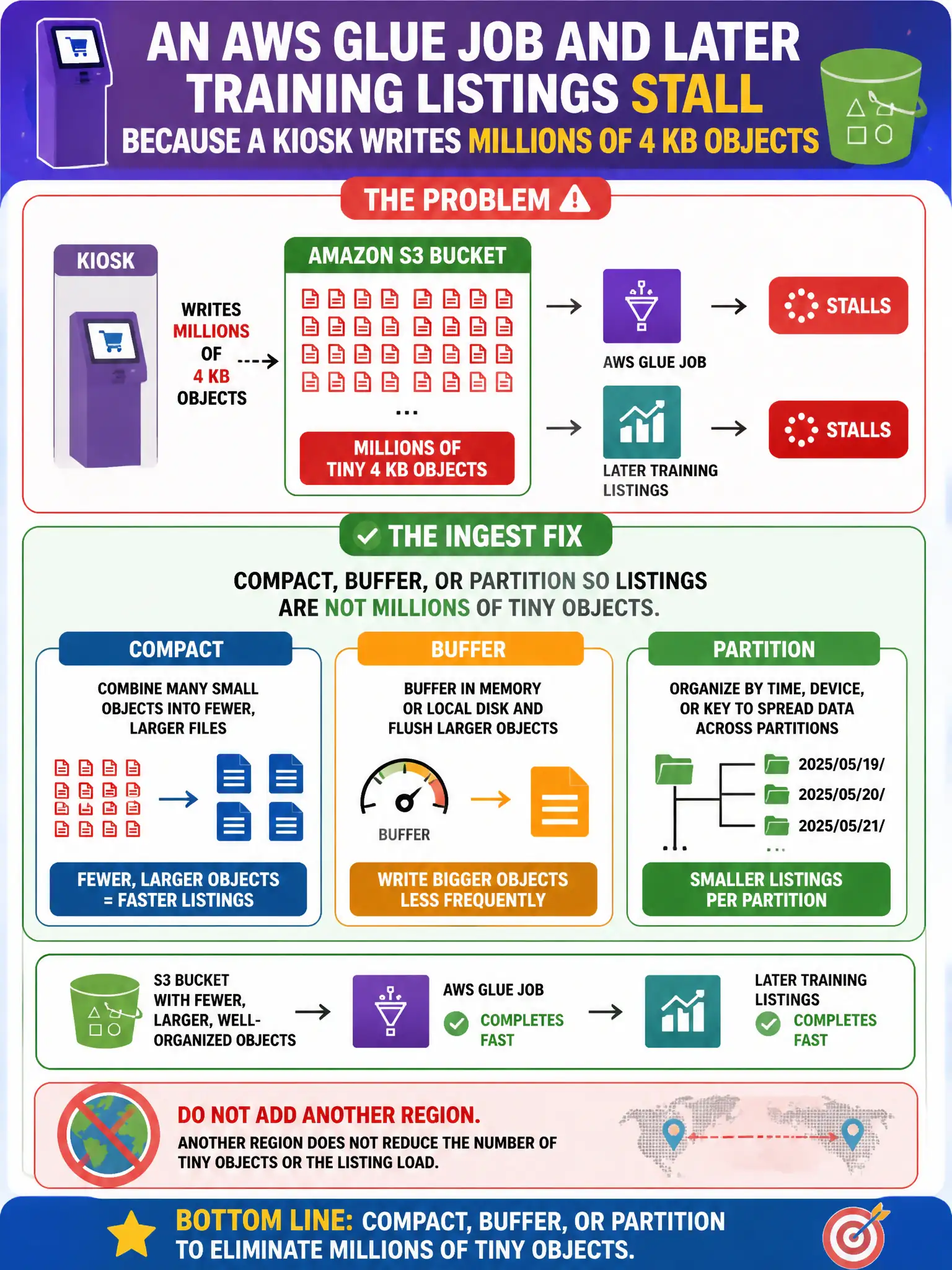 To Create an exciting colorful infographic that explains the concepts in the question: Question: An AWS Glue job and later training listings stall because a kiosk writes millions of 4 KB objects. Which ingest fix matches that scale issue? Correct Answer: Compact, buffer, or partition so listings are not millions of tiny objects. Do not add another Region. Put EVERY visible label in double quotes. No people. No A/B/C/D letters. In one of the four corners put a little "Navy Duck".