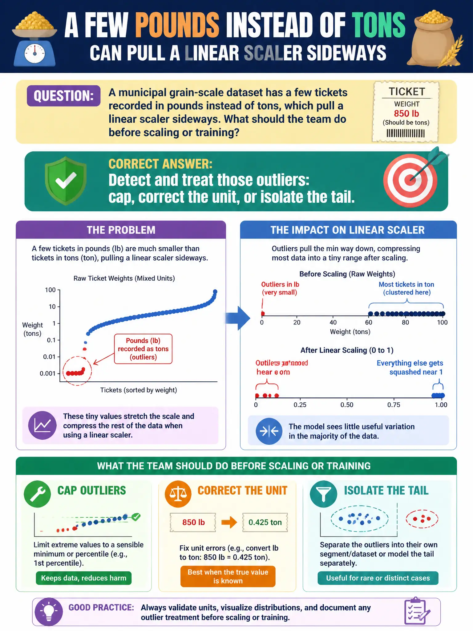 To Create an exciting colorful infographic that explains the concepts in the question: Question: A municipal grain-scale dataset has a few tickets recorded in pounds instead of tons, which pull a linear scaler sideways. What should the team do before scaling or training? Correct Answer: Detect and treat those outliers: cap, correct the unit, or isolate the tail. Put EVERY visible label in double quotes. No people. No A/B/C/D letters. In one of the four corners put a little "Navy Duck".