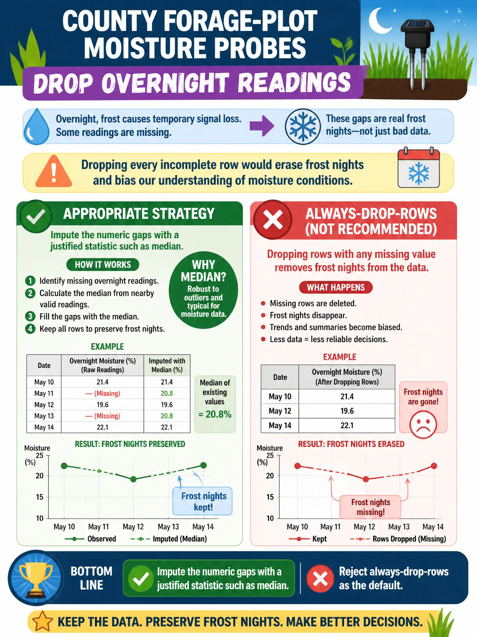 To Create an exciting colorful infographic that explains the concepts in the question: Question: County forage-plot moisture probes drop overnight readings. Dropping every incomplete row would erase frost nights. Which missing-value strategy is appropriate? Correct Answer: Impute the numeric gaps with a justified statistic such as median, and reject always-drop-rows as the default. Put EVERY visible label in double quotes. No people. No A/B/C/D letters. In one of the four corners put a little "Navy Duck".