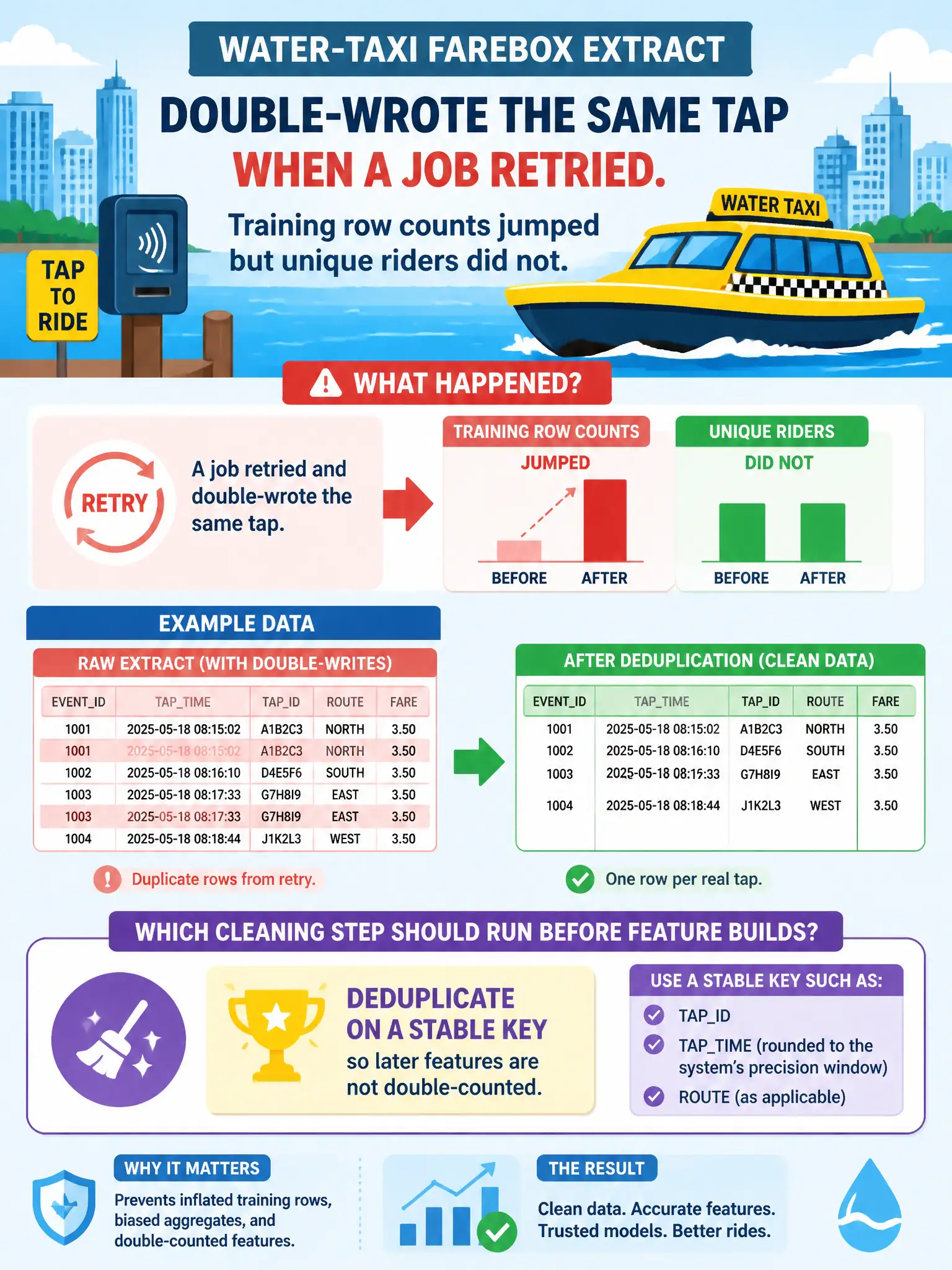 To Create an exciting colorful infographic that explains the concepts in the question: Question: A municipal water-taxi farebox extract double-wrote the same tap when a job retried. Training row counts jumped but unique riders did not. Which cleaning step should run before feature builds? Correct Answer: Deduplicate on a stable key so later features are not double-counted. Put EVERY visible label in double quotes. No people. No A/B/C/D letters. In one of the four corners put a little "Navy Duck".