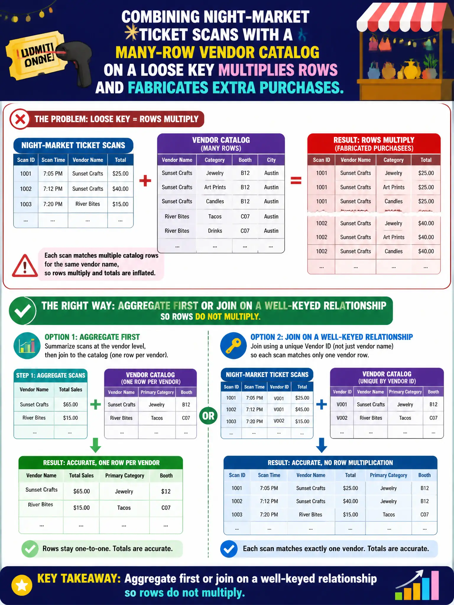 To Create an exciting colorful infographic that explains the concepts in the question: Question: Combining night-market ticket scans with a many-row vendor catalog on a loose key multiplies rows and fabricates extra purchases. How should the team combine those sources? Correct Answer: Aggregate first or join on a well-keyed relationship so rows do not multiply. Put EVERY visible label in double quotes. No people. No A/B/C/D letters. In one of the four corners put a little "Navy Duck".