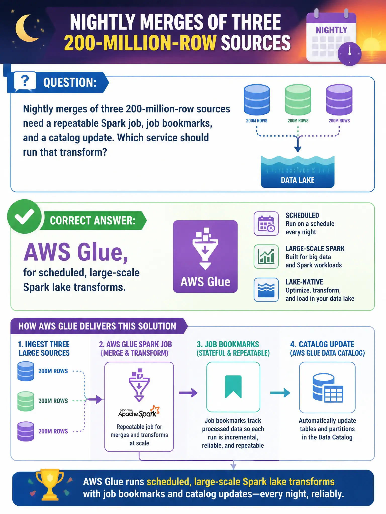To Create an exciting colorful infographic that explains the concepts in the question: Question: Nightly merges of three 200-million-row sources need a repeatable Spark job, job bookmarks, and a catalog update. Which service should run that transform? Correct Answer: AWS Glue, for scheduled, large-scale Spark lake transforms. Put EVERY visible label in double quotes. No people. No A/B/C/D letters. In one of the four corners put a little "Navy Duck".