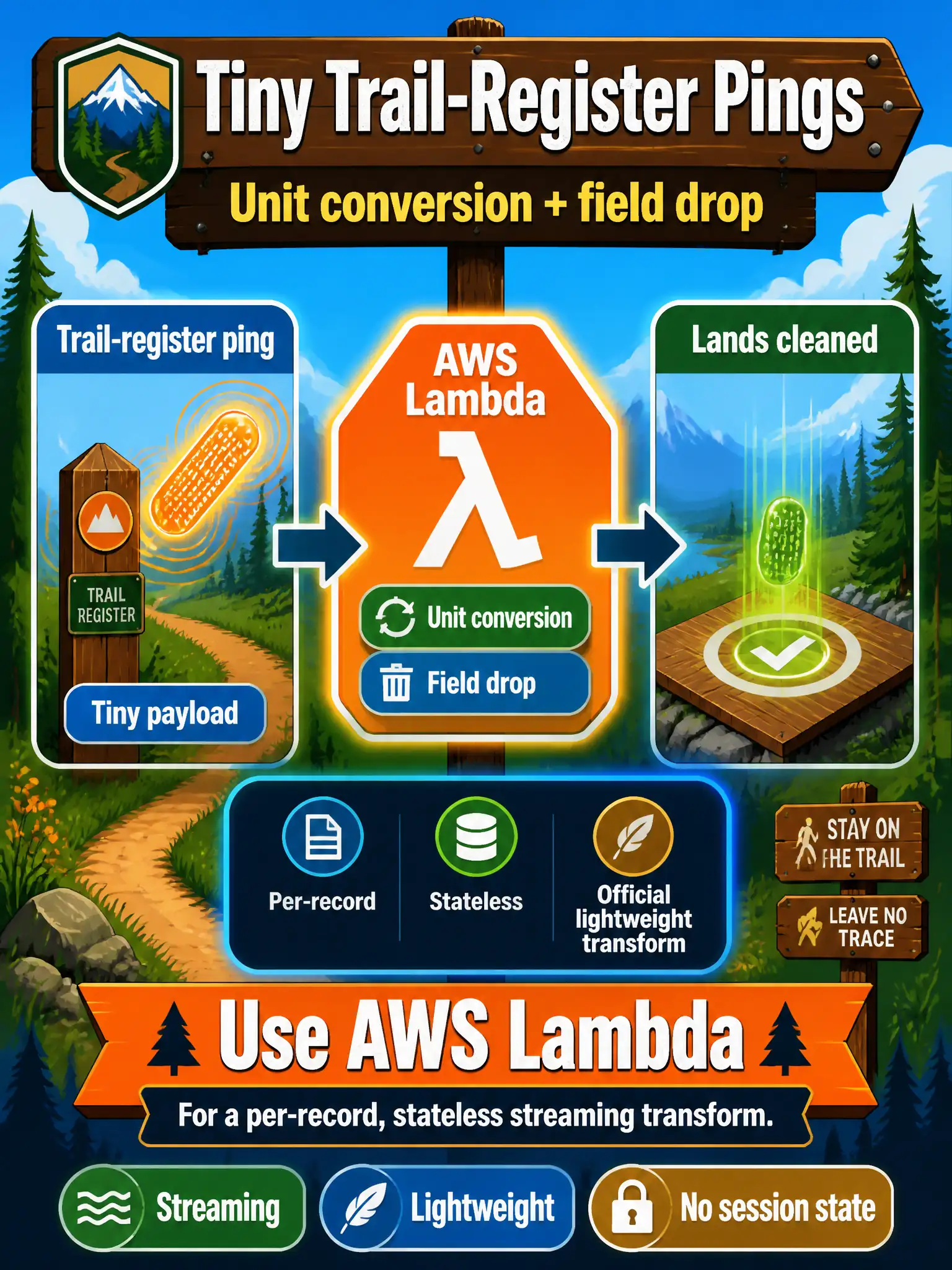 To Create an exciting colorful infographic that explains the concepts in the question: Question: Each trail-register ping needs a unit conversion and a field drop before it lands. The payload is tiny and stateless. Which official lightweight transform should run on the stream? Correct Answer: AWS Lambda, for a per-record, stateless streaming transform. Put EVERY visible label in double quotes. No people. No A/B/C/D letters. In one of the four corners put a little "Navy Duck".