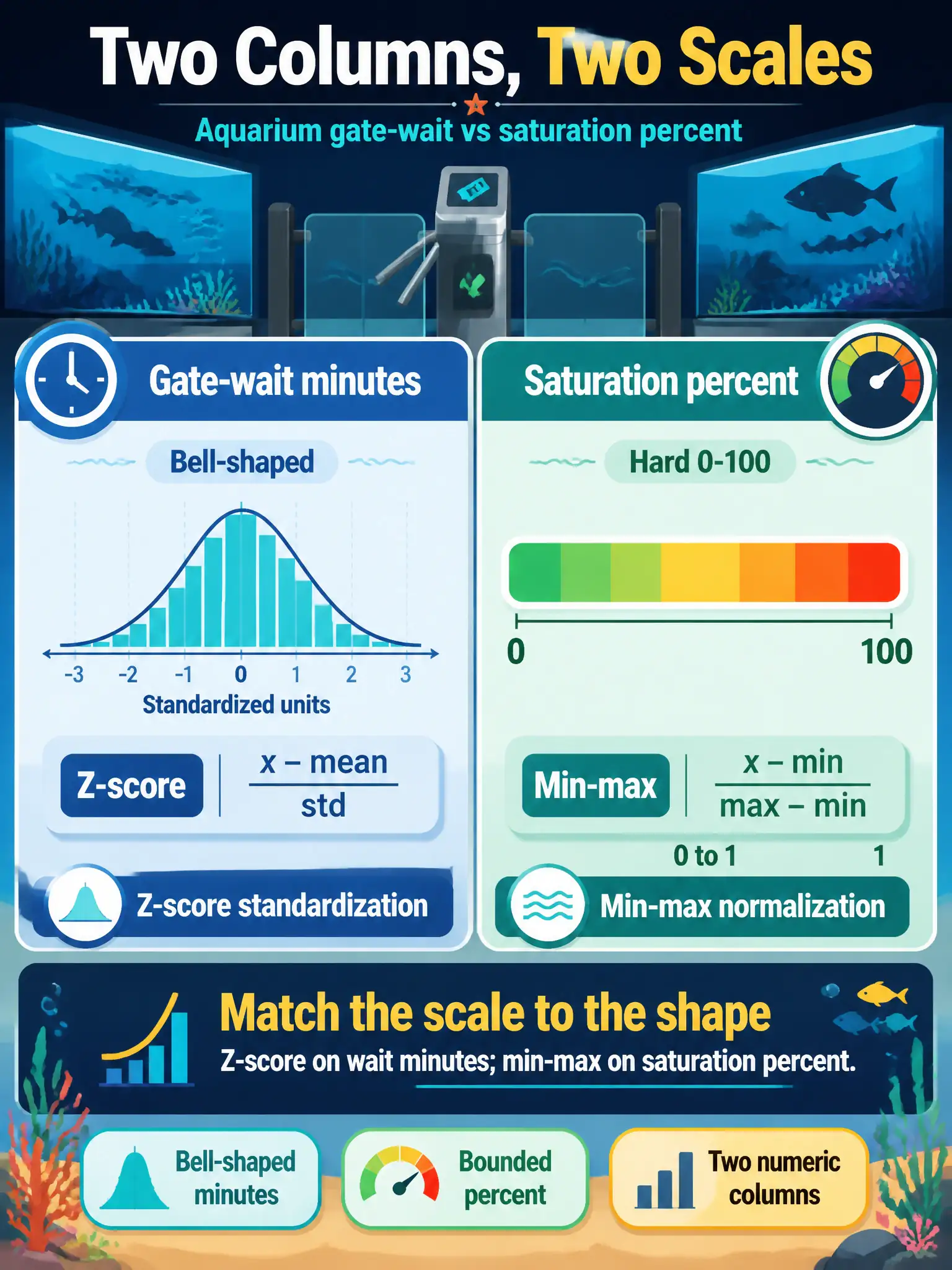 To Create an exciting colorful infographic that explains the concepts in the question: Question: Aquarium gate-wait minutes are roughly bell-shaped; another column is a hard 0–100 saturation percent. How should those two numeric columns be scaled? Correct Answer: Z-score standardization on the wait minutes; min-max normalization on the saturation percent. Put EVERY visible label in double quotes. No people. No A/B/C/D letters. In one of the four corners put a little "Navy Duck".