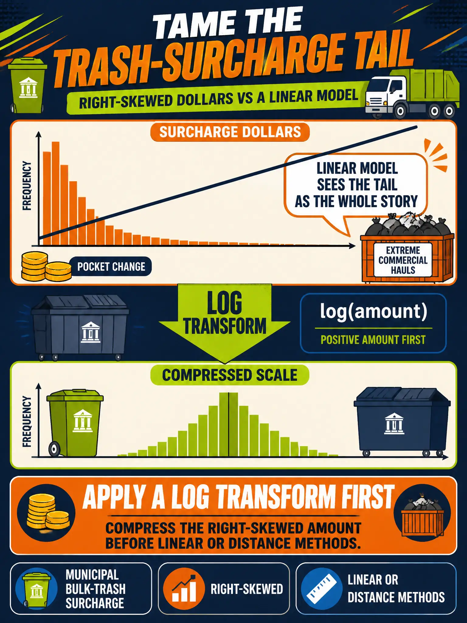 To Create an exciting colorful infographic that explains the concepts in the question: Question: Municipal bulk-trash surcharge dollars run from pocket change to a few extreme commercial hauls. A linear model treats the tail as the whole story. Which transform should they apply to that positive amount first? Correct Answer: A log transform to compress the right-skewed amount before linear or distance methods. Put EVERY visible label in double quotes. No people. No A/B/C/D letters. In one of the four corners put a little "Navy Duck".