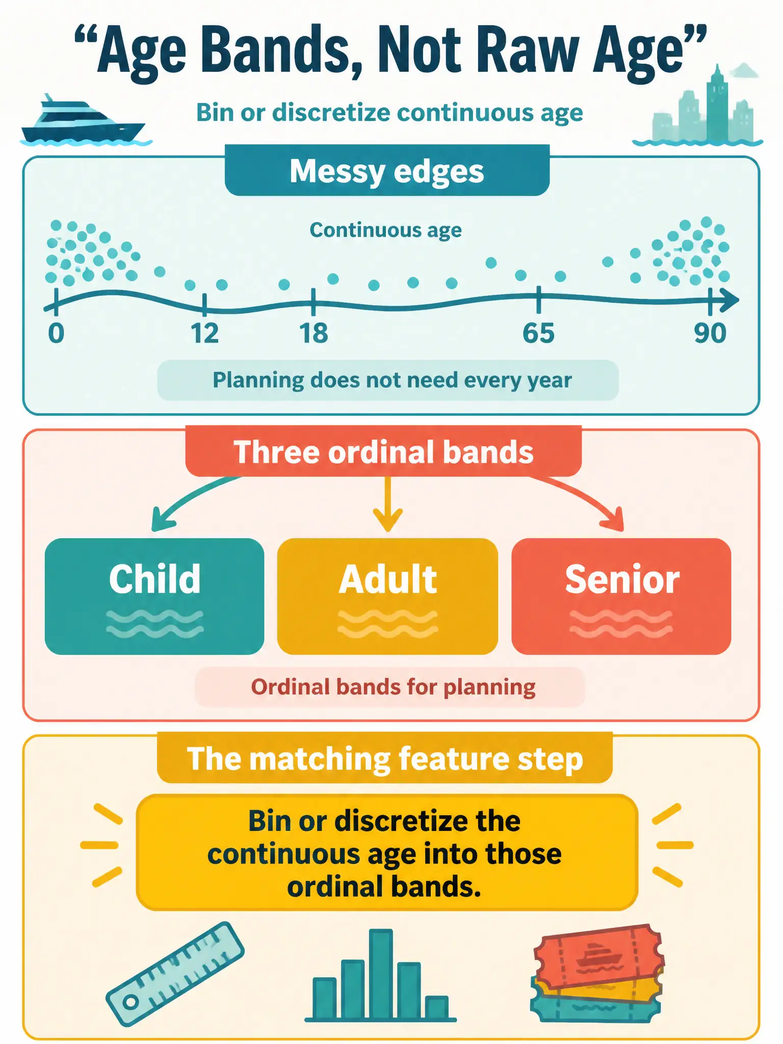 To Create an exciting colorful infographic that explains the concepts in the question: Question: Water-taxi rider age is messy at the edges, but planning only needs child, adult, and senior bands. Which feature step matches that need? Correct Answer: Bin or discretize the continuous age into those ordinal bands. Put EVERY visible label in double quotes. No people. No A/B/C/D letters. In one of the four corners put a little "Navy Duck".