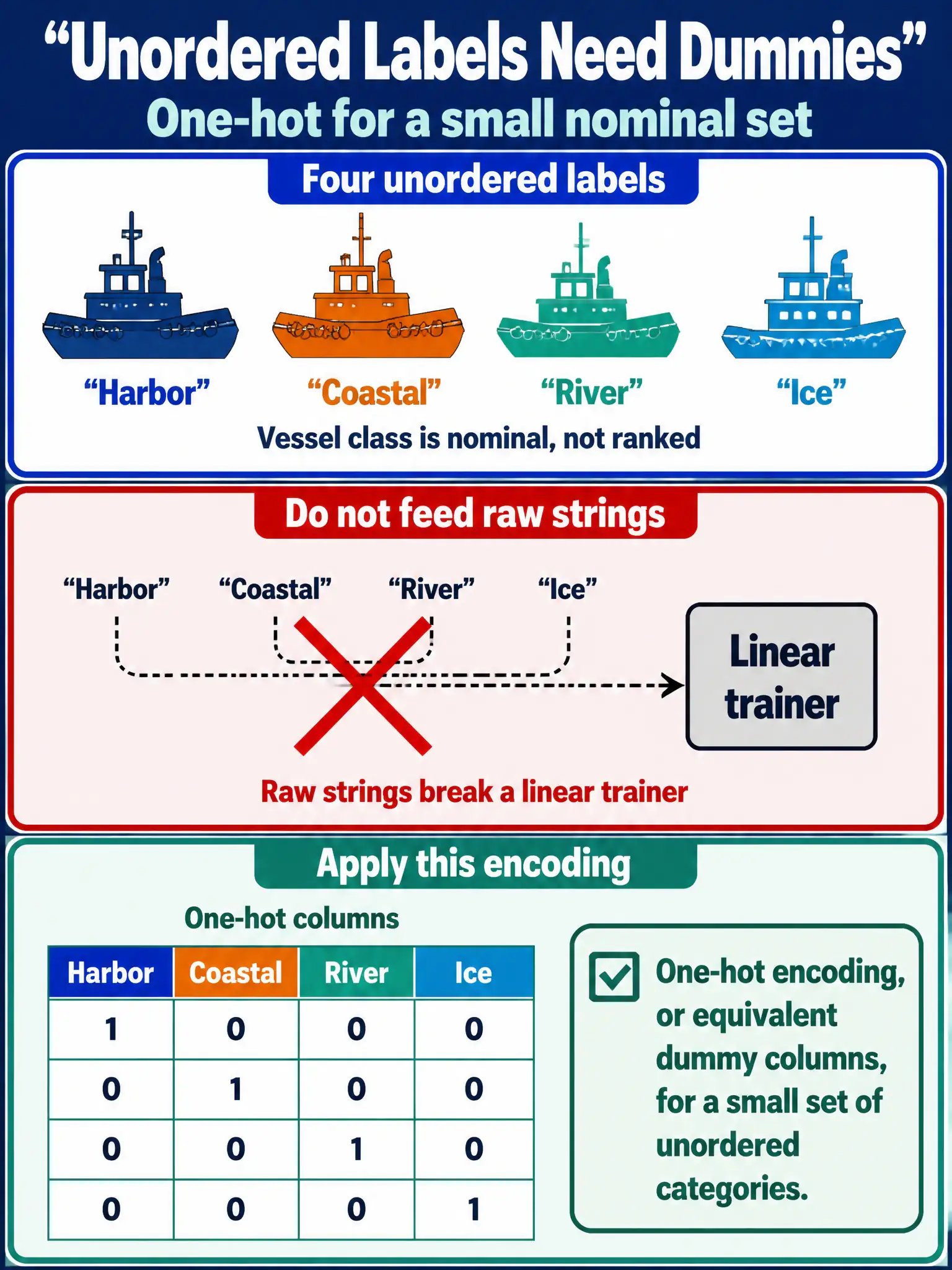 To Create an exciting colorful infographic that explains the concepts in the question: Question: Municipal tug vessel class has four unordered labels. Feeding those strings into a linear trainer is wrong. Which encoding should they apply? Correct Answer: One-hot encoding, or equivalent dummy columns, for a small set of unordered categories. Put EVERY visible label in double quotes. No people. No A/B/C/D letters. In one of the four corners put a little "Navy Duck".