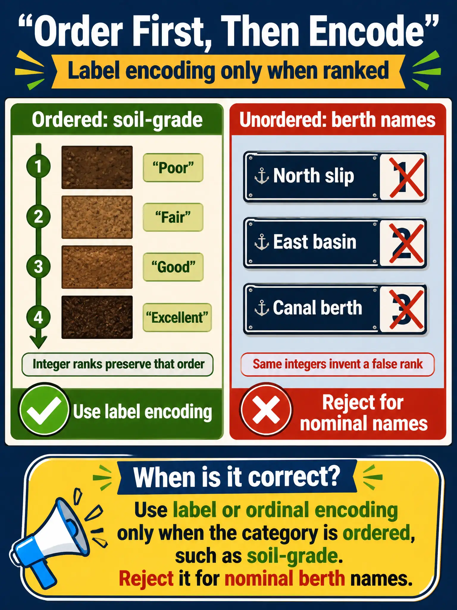 To Create an exciting colorful infographic that explains the concepts in the question: Question: Forage-plot soil-grade is poor, fair, good, excellent. Integer ranks preserve that order. Using the same integers on unordered berth names would invent a false rank. When is label encoding correct? Correct Answer: Use label or ordinal encoding only when the category is ordered, such as soil-grade. Reject it for nominal berth names. Put EVERY visible label in double quotes. No people. No A/B/C/D letters. In one of the four corners put a little "Navy Duck".