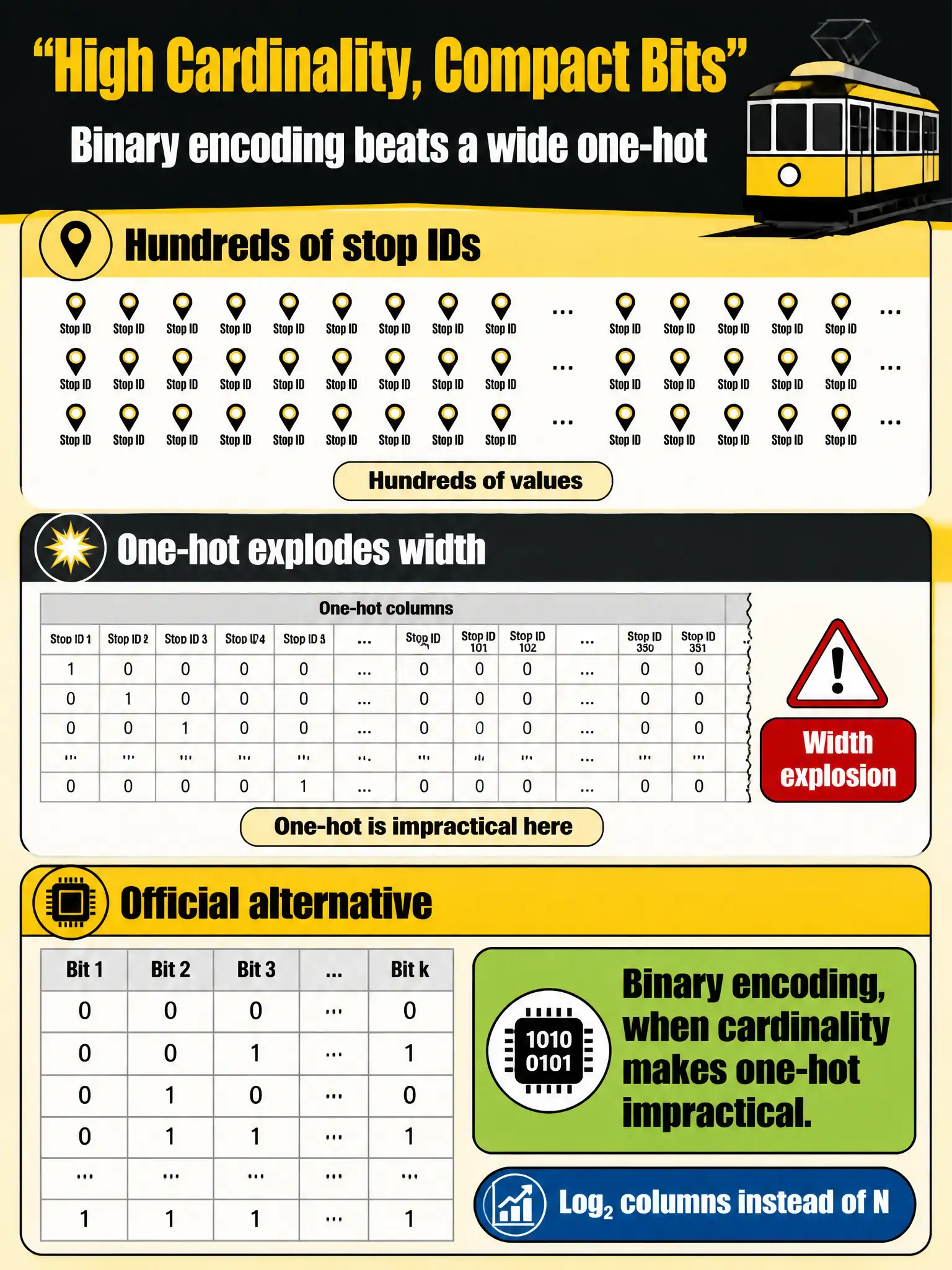 To Create an exciting colorful infographic that explains the concepts in the question: Question: Municipal trolley stop-ID has hundreds of values; one-hot would explode width. Which official alternative encoding should they choose? Correct Answer: Binary encoding, when cardinality makes one-hot impractical. Put EVERY visible label in double quotes. No people. No A/B/C/D letters. In one of the four corners put a little "Navy Duck".