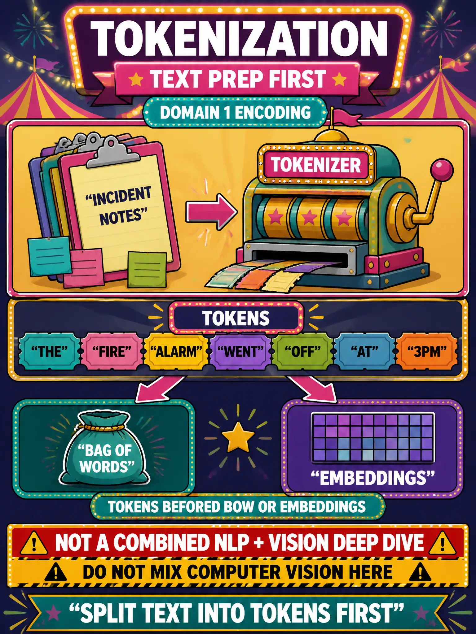 To Create an exciting colorful infographic that explains the concepts in the question: Question: Festival volunteer incident notes need to become tokens before any bag-of-words or embedding step. Which Domain 1 encoding technique is that, and what should the item not become? Correct Answer: Tokenization as the text-prep step. Do not turn the item into a combined NLP-and-computer-vision deep dive. Put EVERY visible label in double quotes. No people. No A/B/C/D letters. In one of the four corners put a little "Navy Duck".
