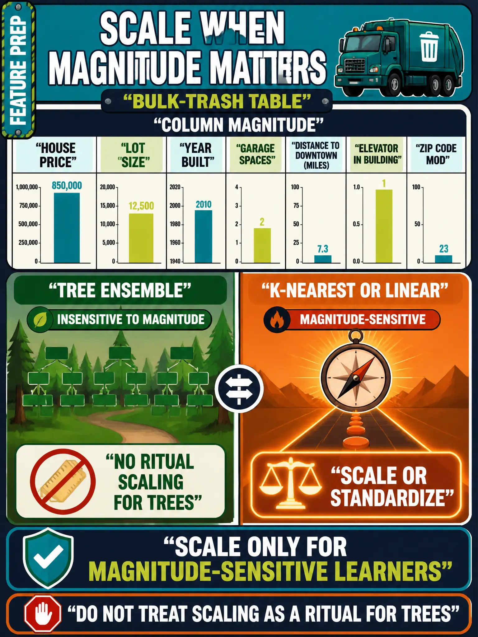 To Create an exciting colorful infographic that explains the concepts in the question: Question: A tree ensemble on the same bulk-trash table is insensitive to column magnitude, but a k-nearest or linear path on that table is not. When should the team scale? Correct Answer: Scale or standardize when the learner is magnitude-sensitive. Do not treat scaling as a ritual for trees. Put EVERY visible label in double quotes. No people. No A/B/C/D letters. In one of the four corners put a little "Navy Duck".