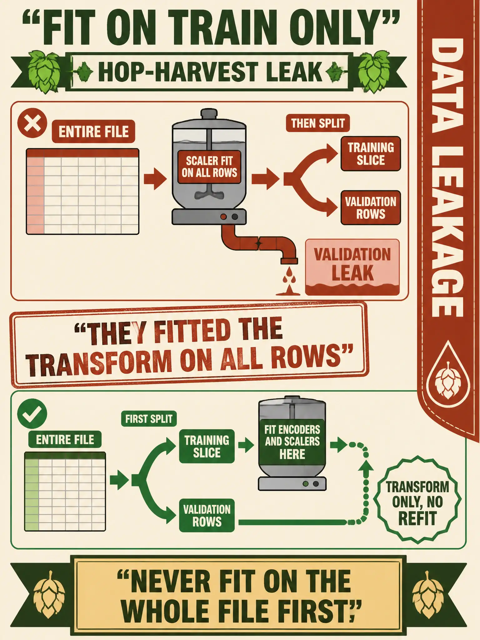 To Create an exciting colorful infographic that explains the concepts in the question: Question: A notebook fits a scaler on the entire hop-harvest file, then splits. Validation rows have already leaked into the transform. What did the team do wrong? Correct Answer: They fitted the feature transform on all rows. Fit encoders and scalers on the training slice only. Put EVERY visible label in double quotes. No people. No A/B/C/D letters. In one of the four corners put a little "Navy Duck".